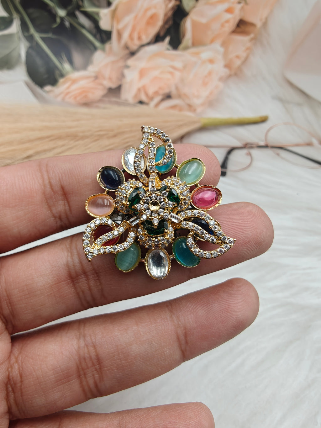 Blossom Statement Sabyasachi Inspired Gemstone Statement Ring- Green Multi