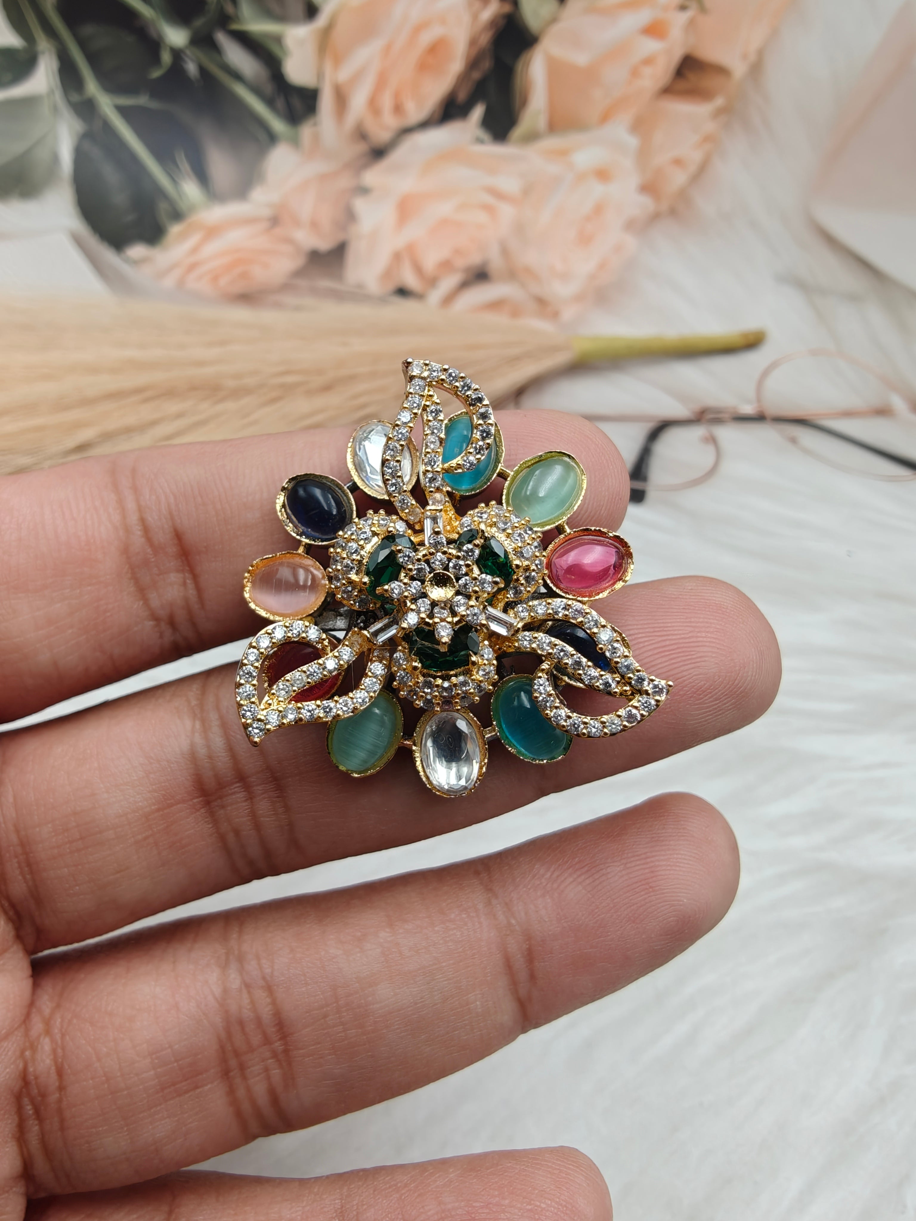 Blossom Statement Sabyasachi Inspired Gemstone Statement Ring- Green Multi