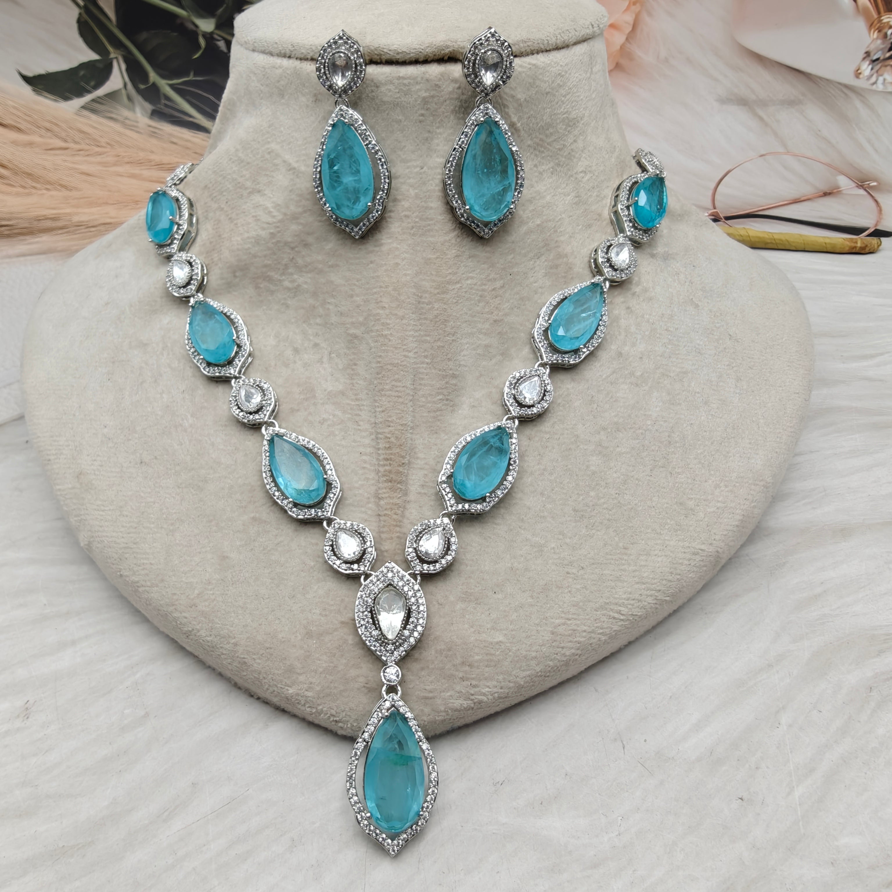 Anusha Doublet and Uncut Polki Necklace Set (Silver Finish)- Sky Blue