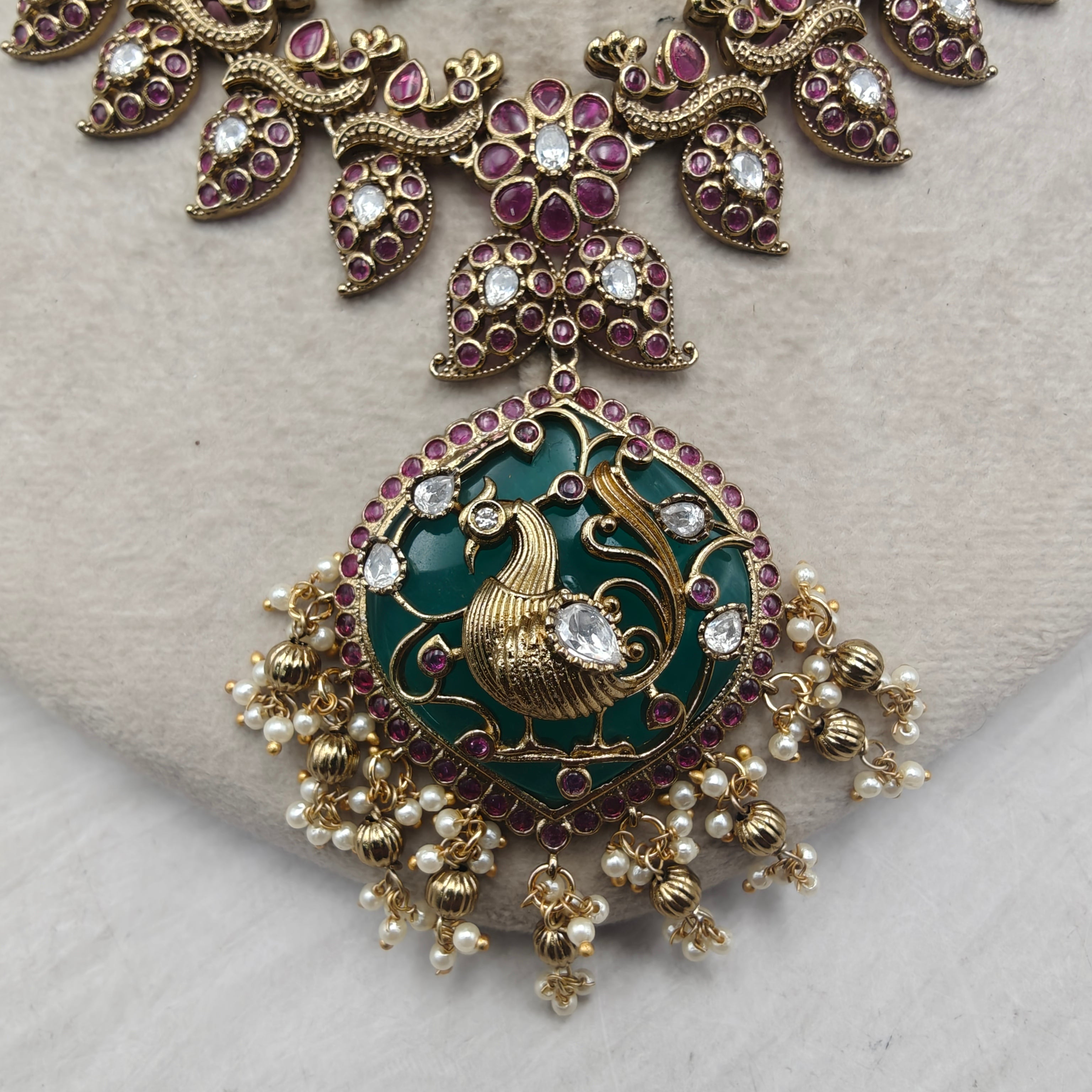 Shreenika Mayura Heritage Necklace Set- Green and Ruby