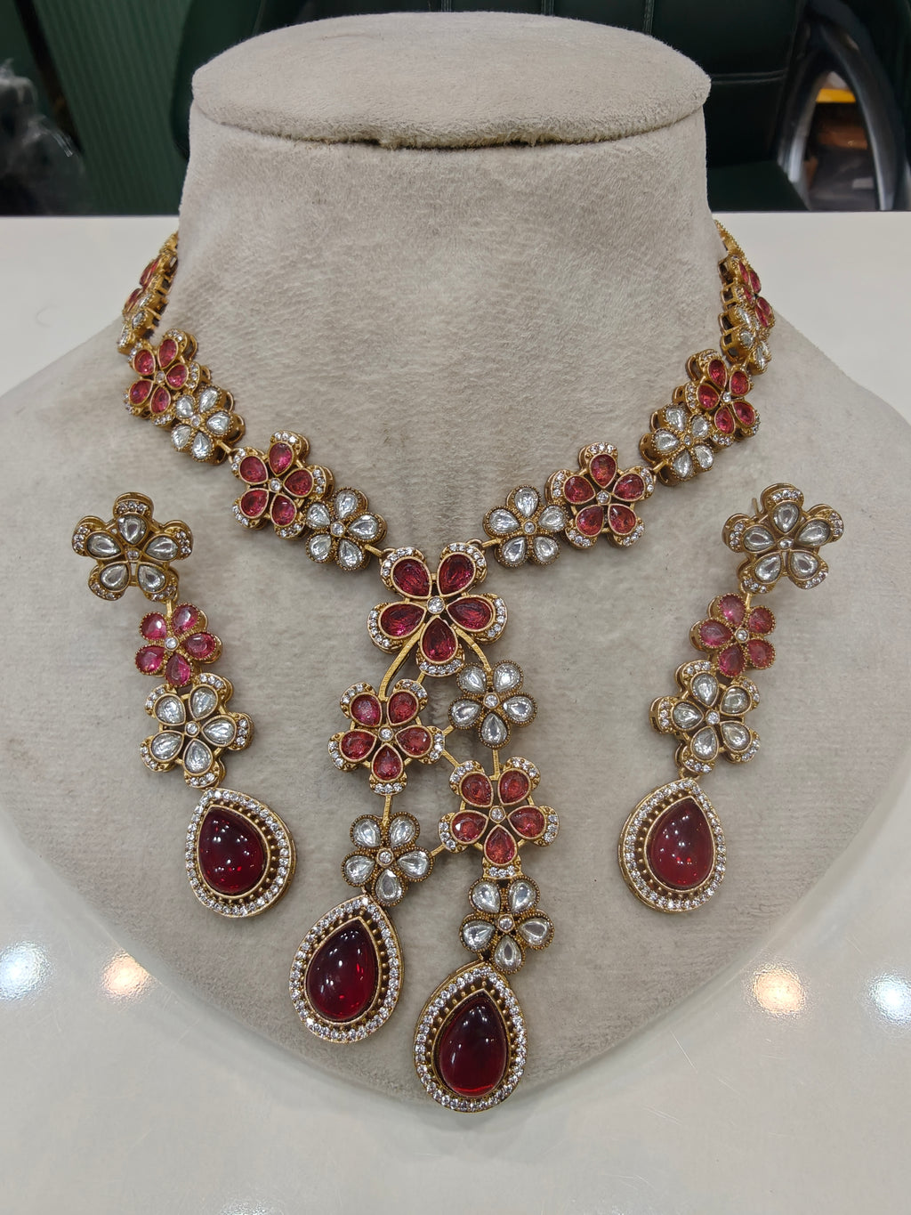 Siya Flower Necklace Set- Ruby Red