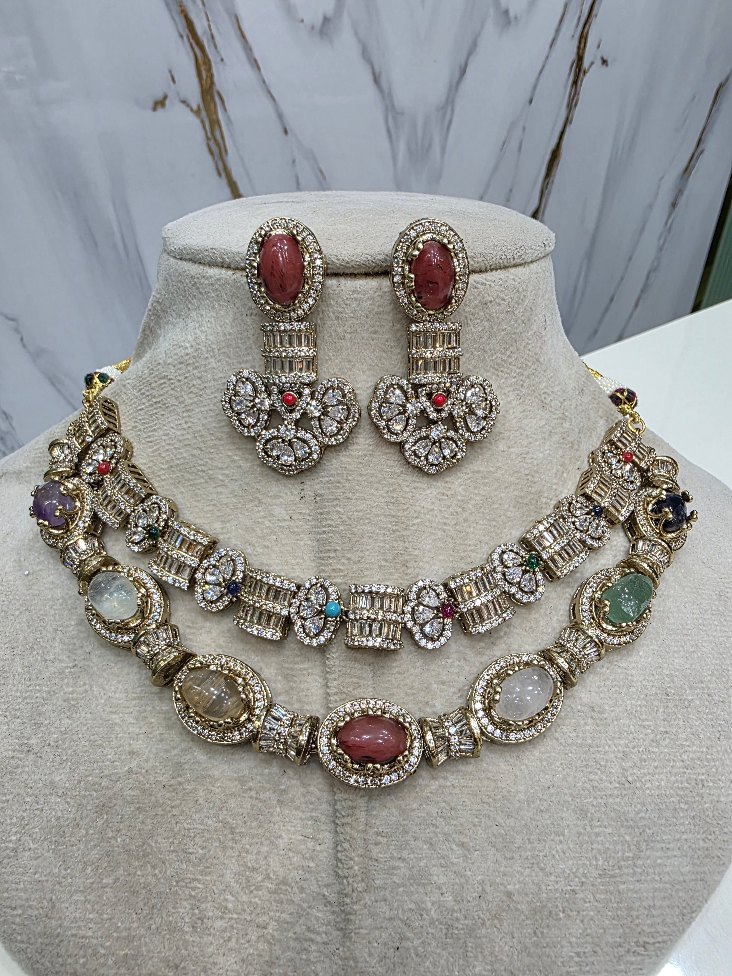 Double Layer Koshu Sabya Inspired Necklace Set- Multi