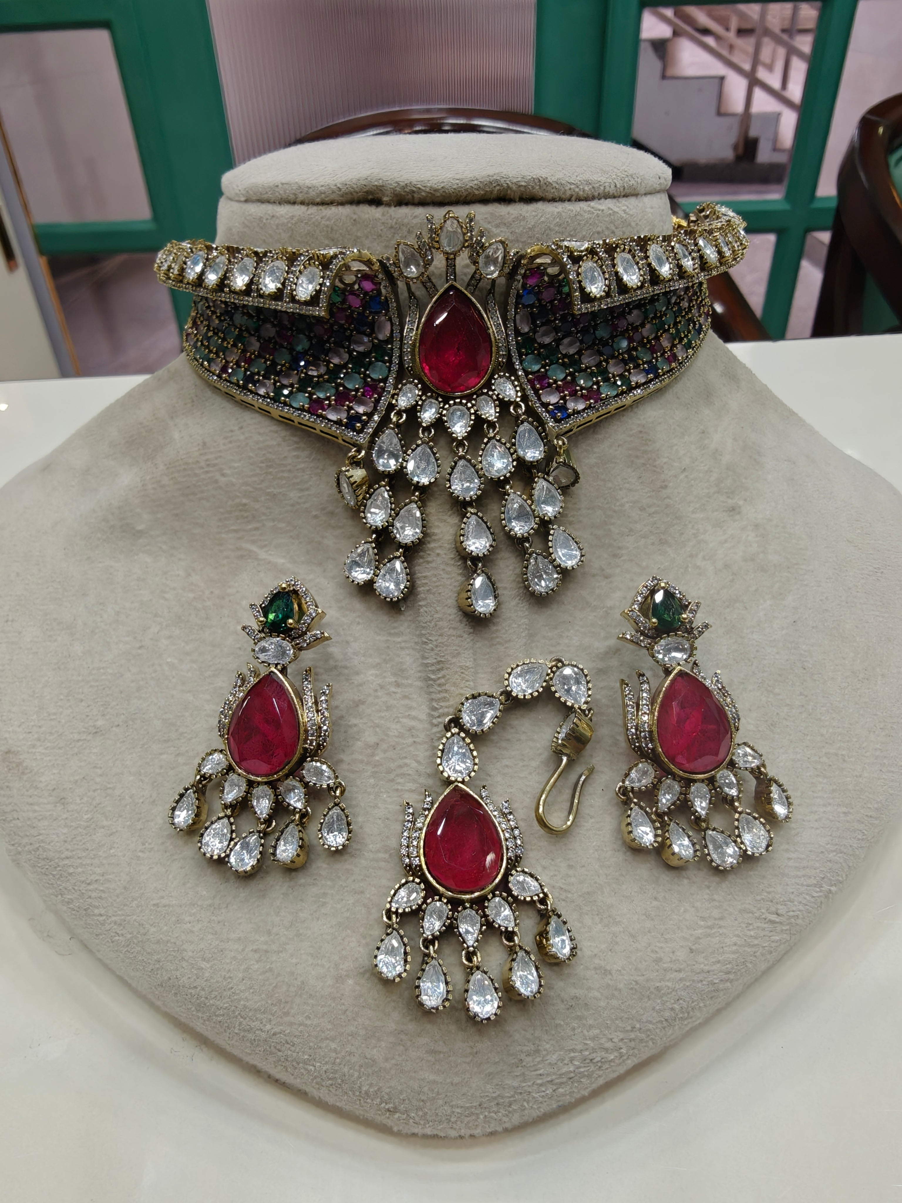 Achla Moissanite Hasli Style Necklace (Victorian Finish) - Multi