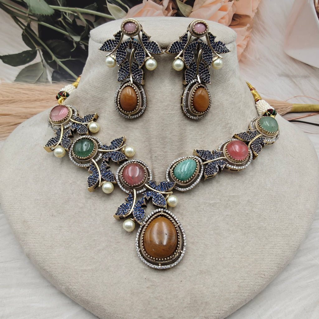 Vriksha Ratna Designer Gemstone Necklace Set- Mustard Brown Multi