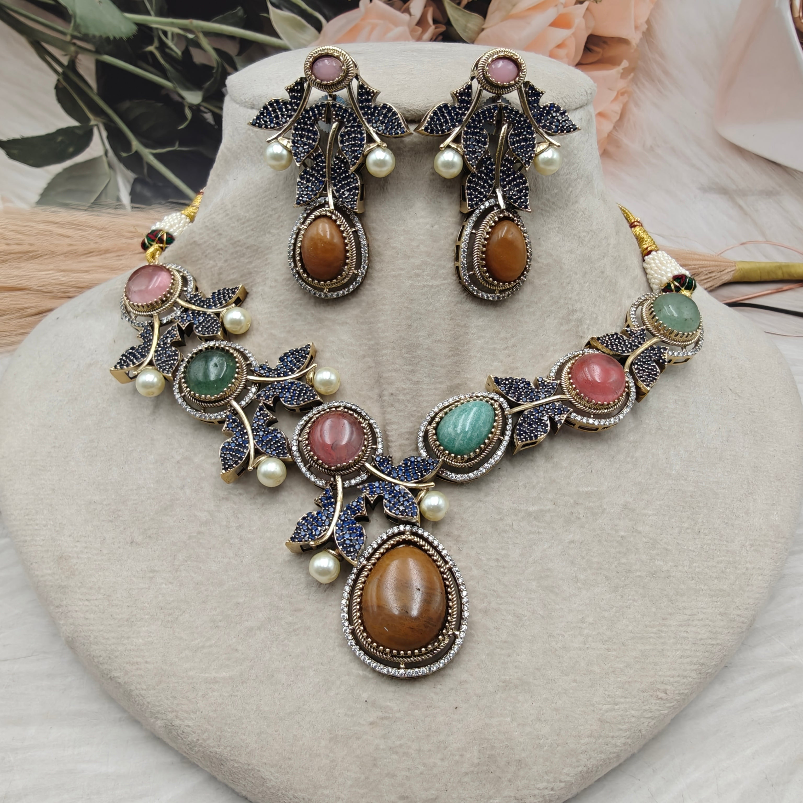 Vriksha Ratna Designer Gemstone Necklace Set- Mustard Brown Multi