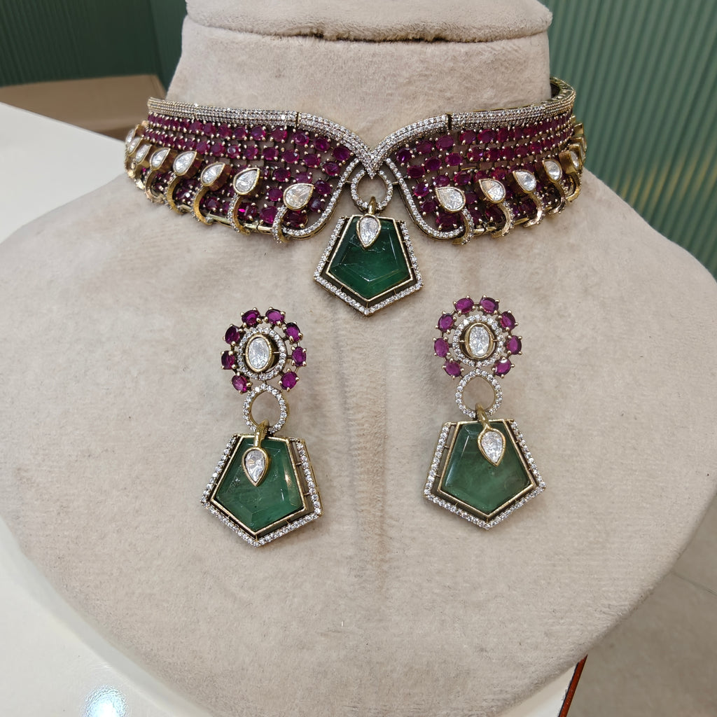 Estella Doublet Collar Necklace Set- Ruby Mint