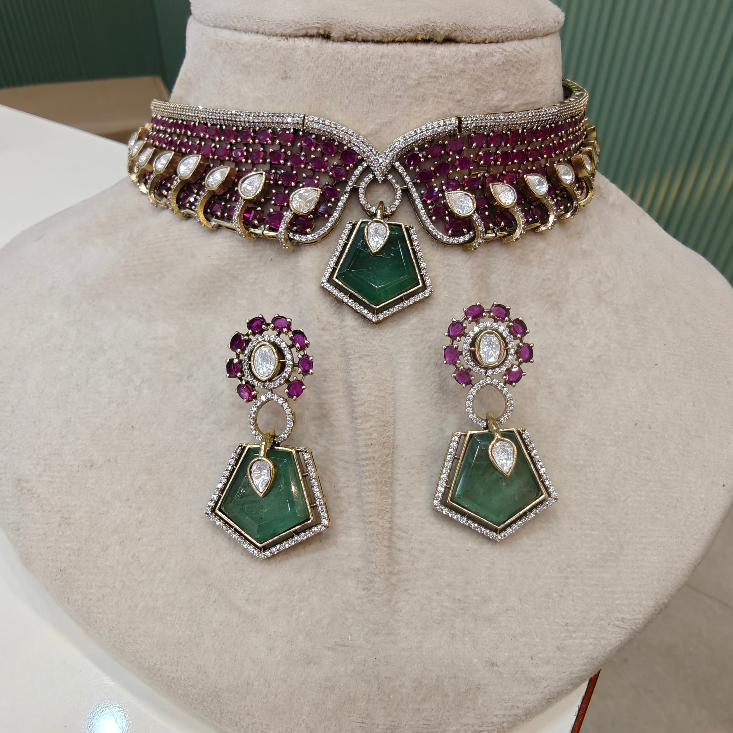 Estella Doublet Collar Necklace Set- Ruby Mint