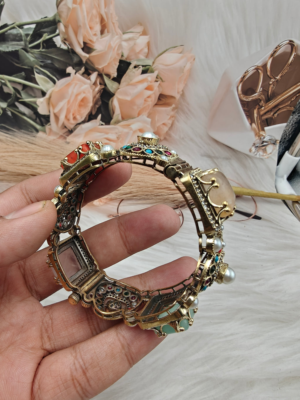Sabyasachi Inspired Chahat Natural Stones Openable Bangle - Multi