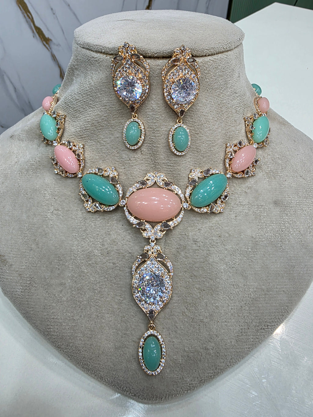 Alia Cannes Inspired Necklace Set - Sea Green Peach ( Carat Gold Finish)