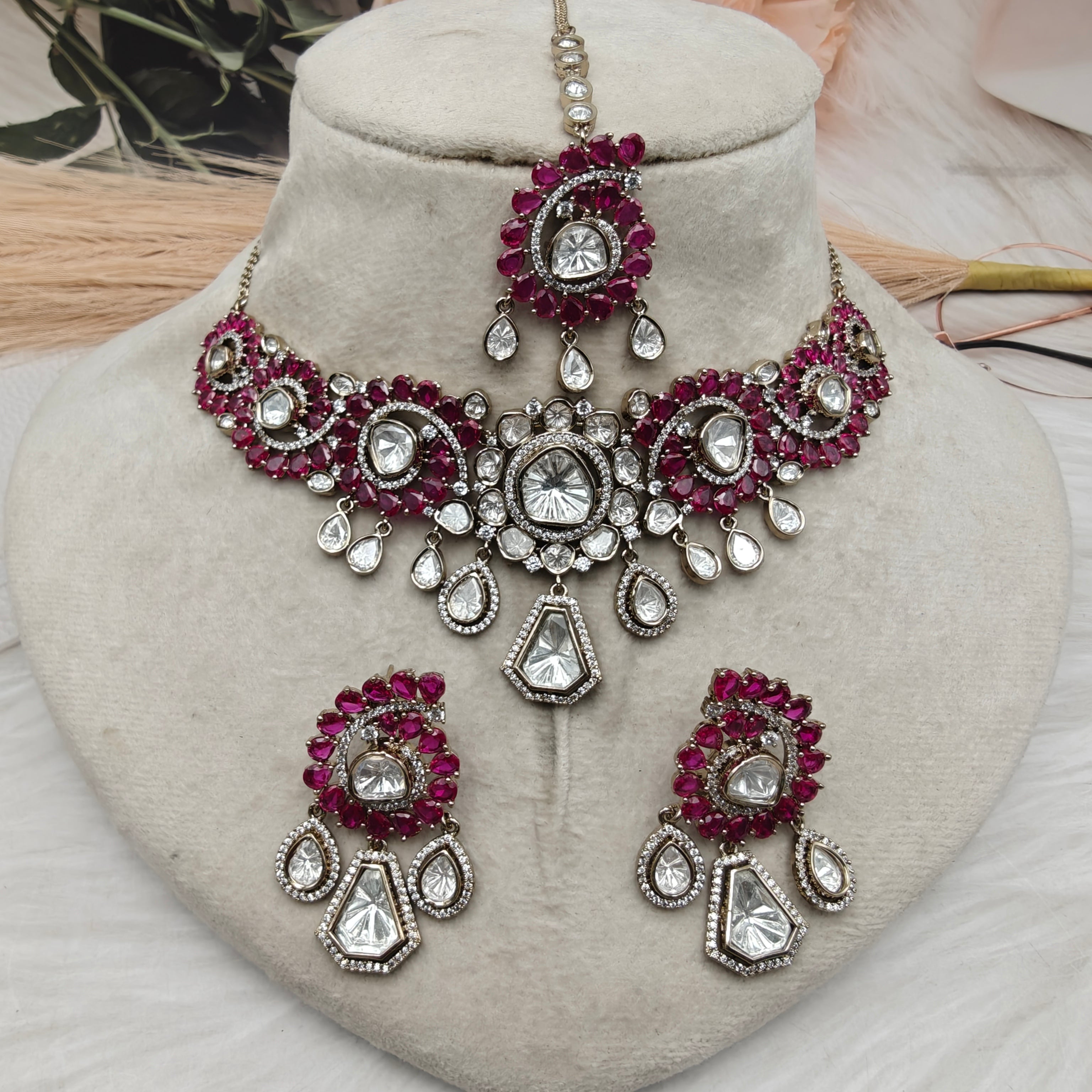 Abhilasha Uncut Moissanite Polki Premium Necklace Set - Ruby
