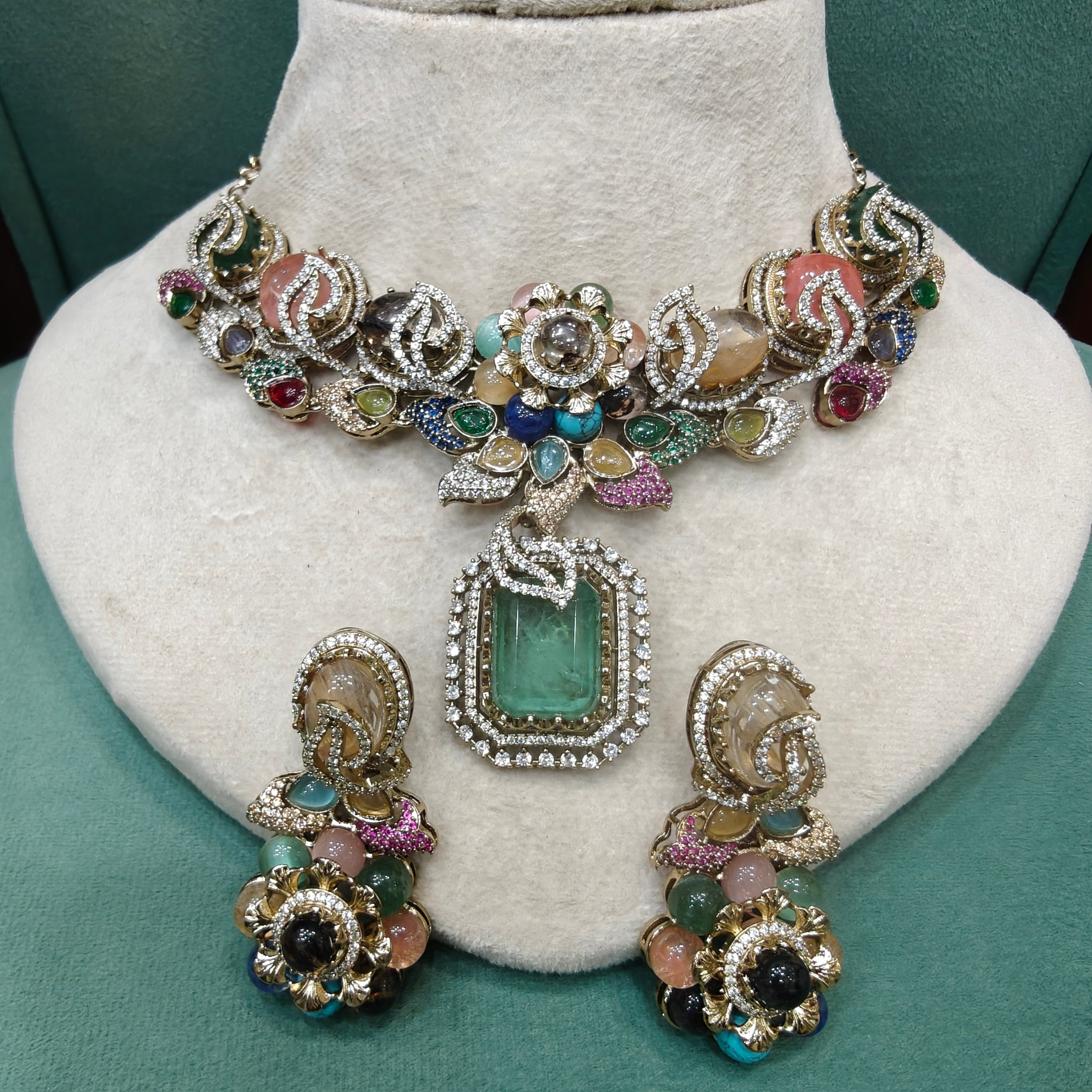 Ralima Sabya Inspired Semi Precious Gemstone Necklace Set- Aqua Green