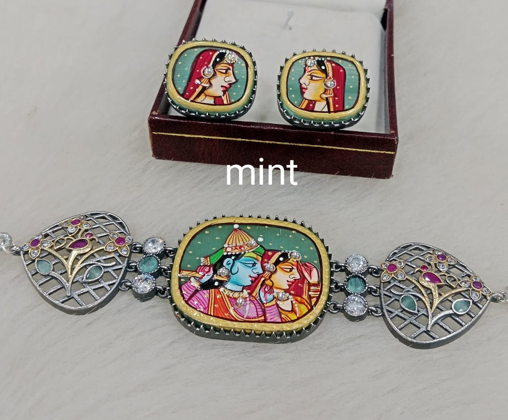 Radha Krishna Tanjore German Silver Choker Set- Mint