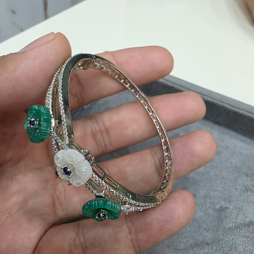 Shreya Carved Stone Openable Bracelet (Silver Plating)- Green White