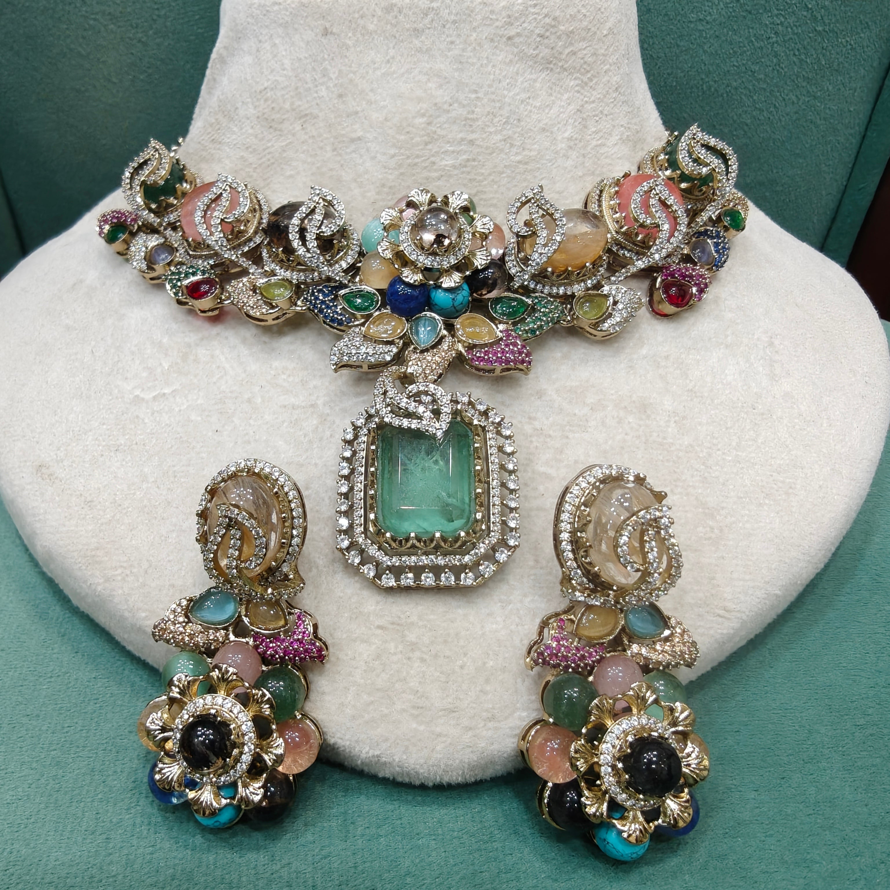 Ralima Sabya Inspired Semi Precious Gemstone Necklace Set- Aqua Green