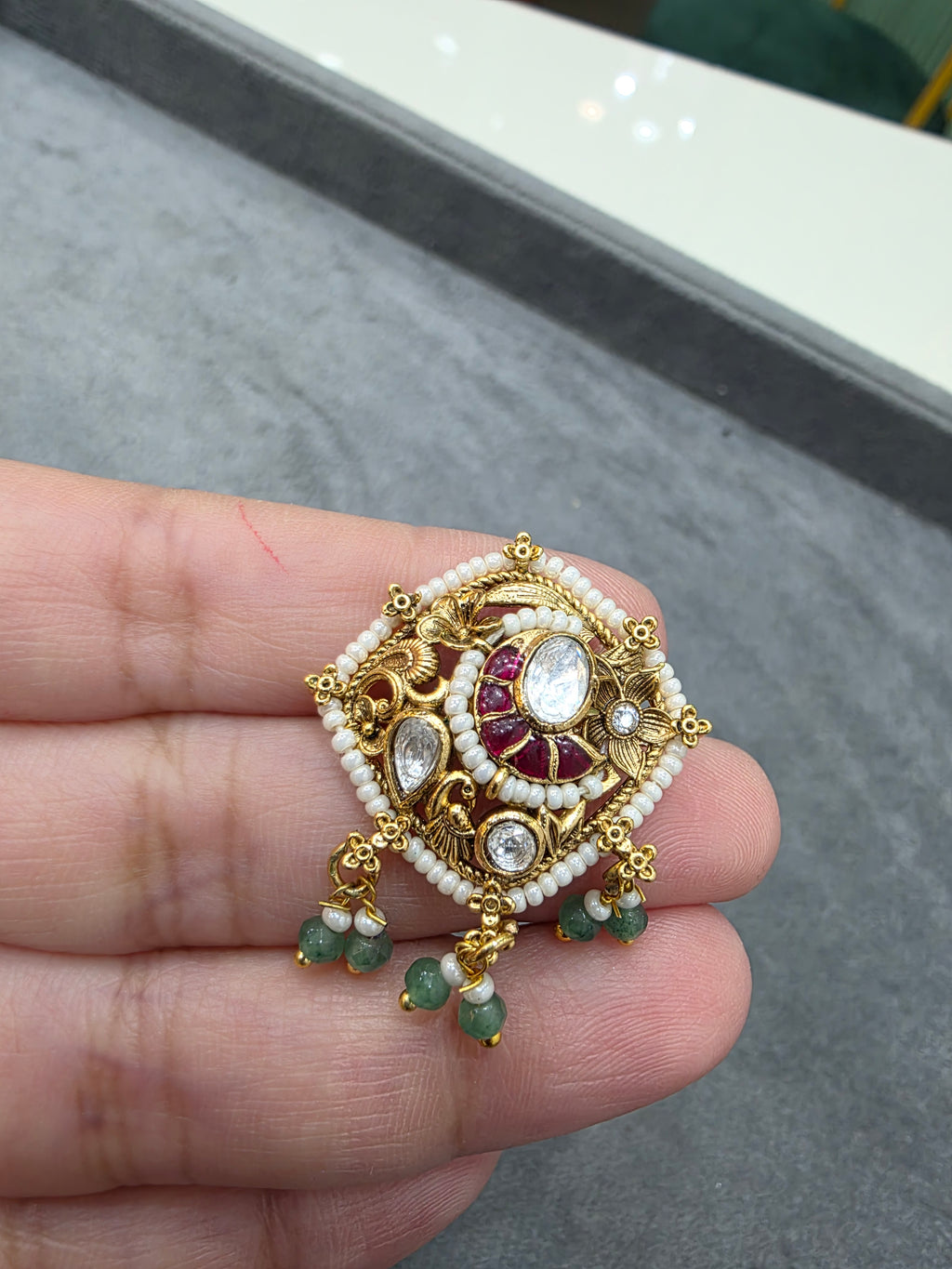 Chandani Heritage Brass Adjustable Ring - Ruby