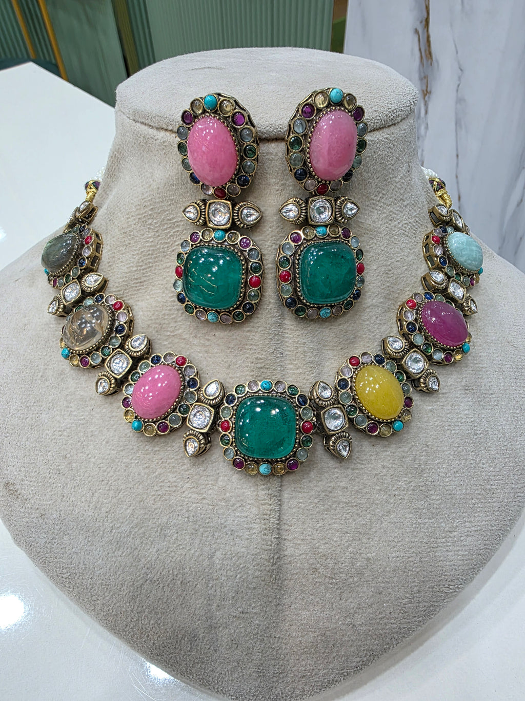 Meherza Quartz Doublet Sabya Inspired Choker Necklace Set- Green Multi