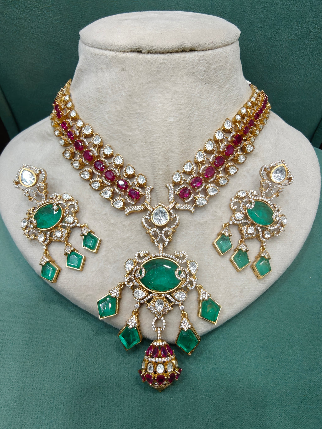 Jasmine Russian Doublet Polki Necklace Set- Ruby Green