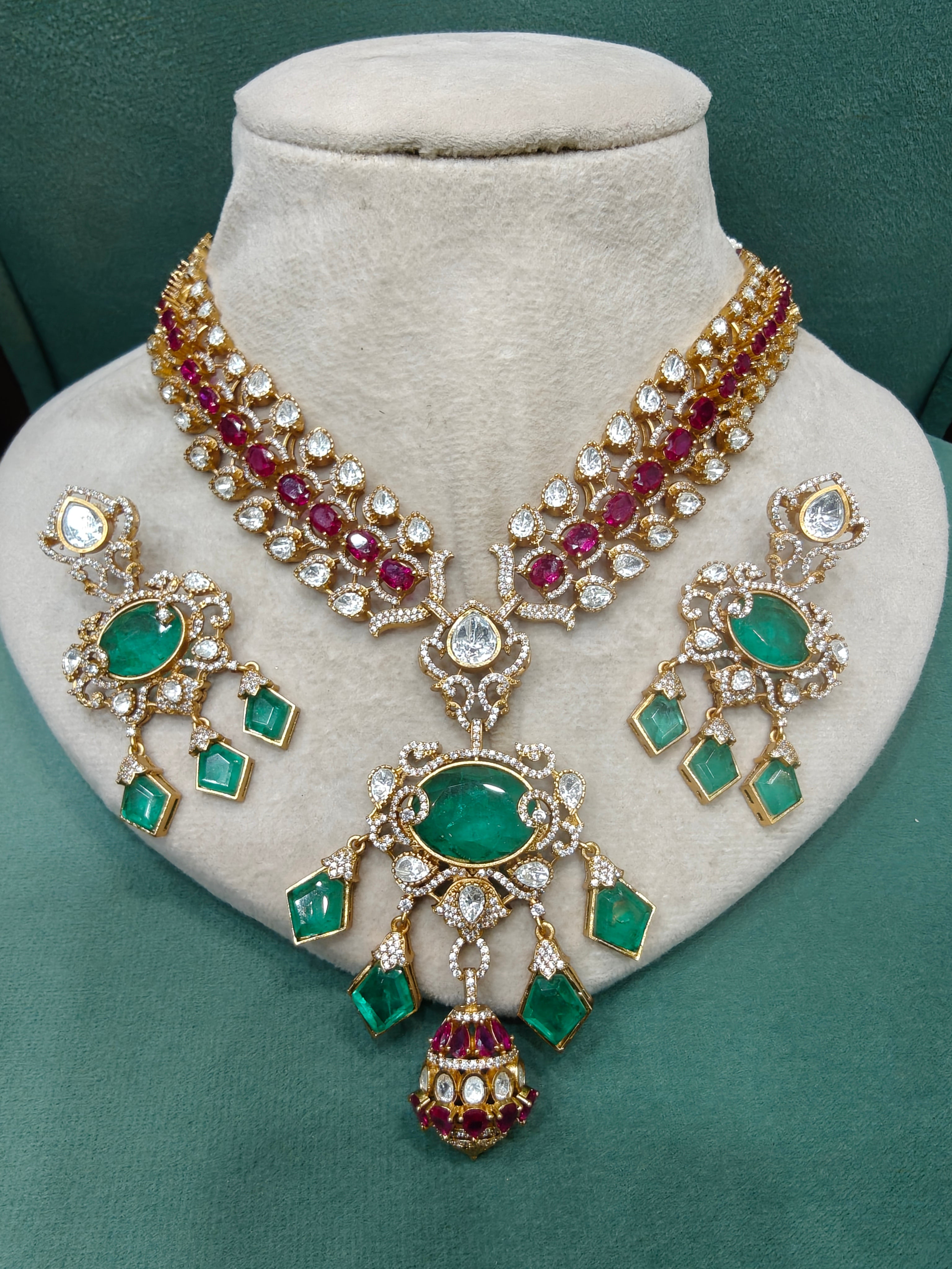 Jasmine Russian Doublet Polki Necklace Set- Ruby Green