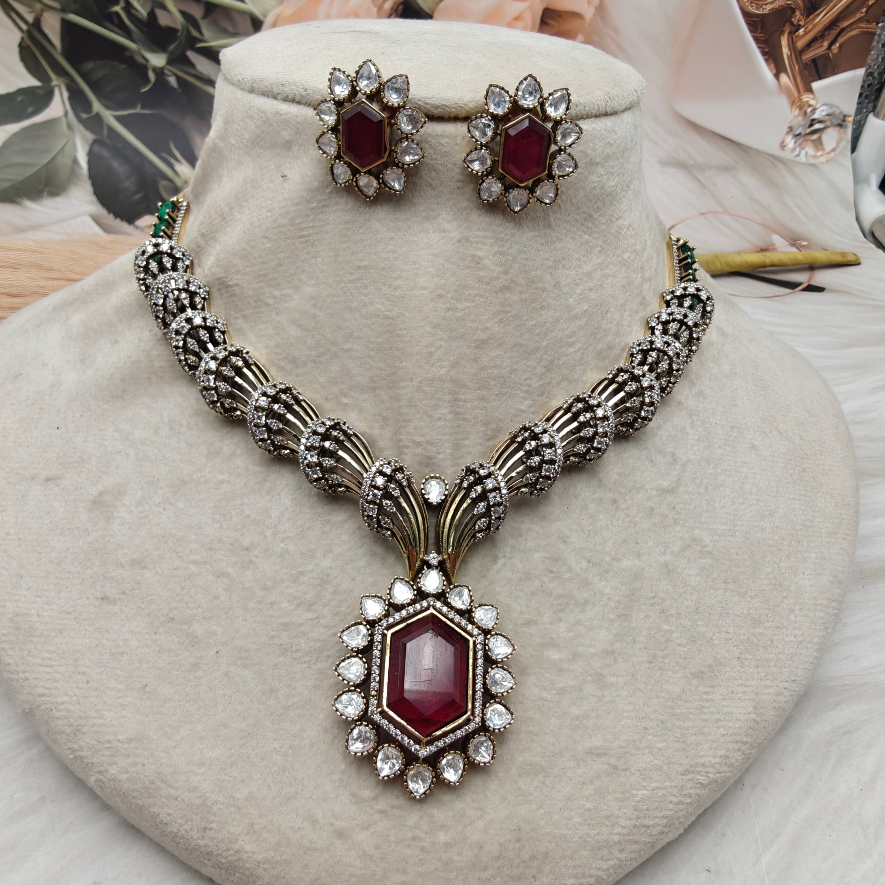 Alaska Doublet and Pota Stone Necklace Set- Ruby and Green
