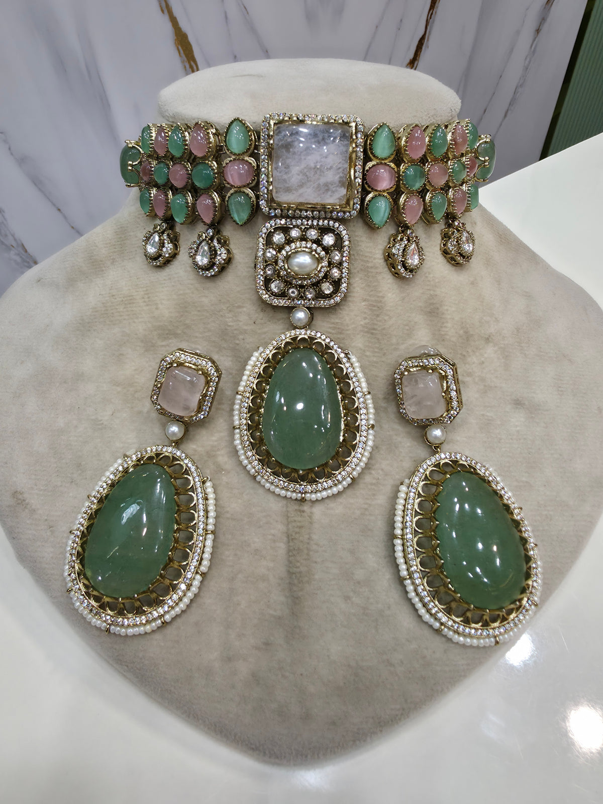 Alokika Sabya Inspired Pearl and Natural Stone Necklace Set- Mint Pink