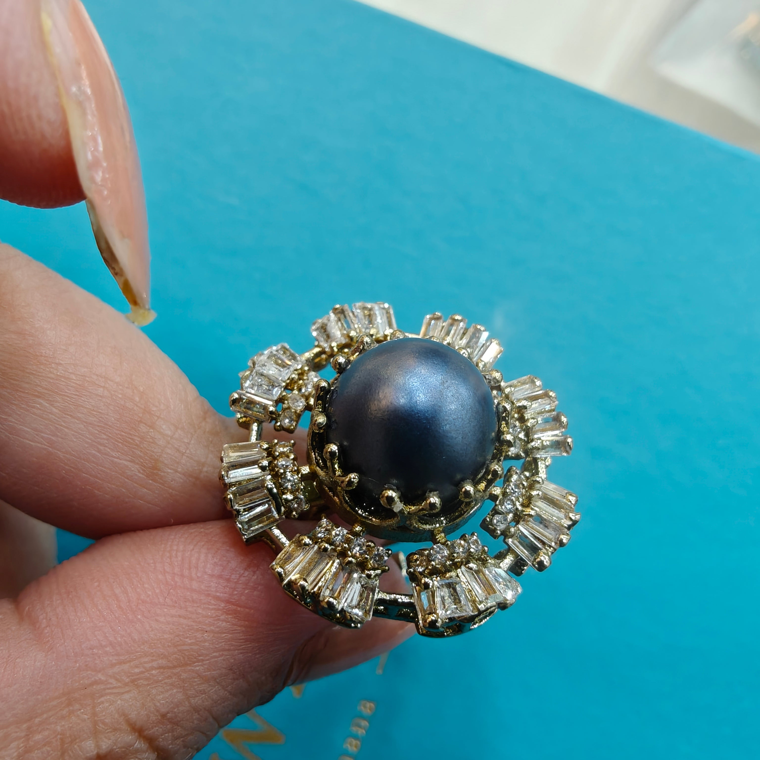 Sakshi Natural Stone Baguette Adjustable Ring- Metallic Blue