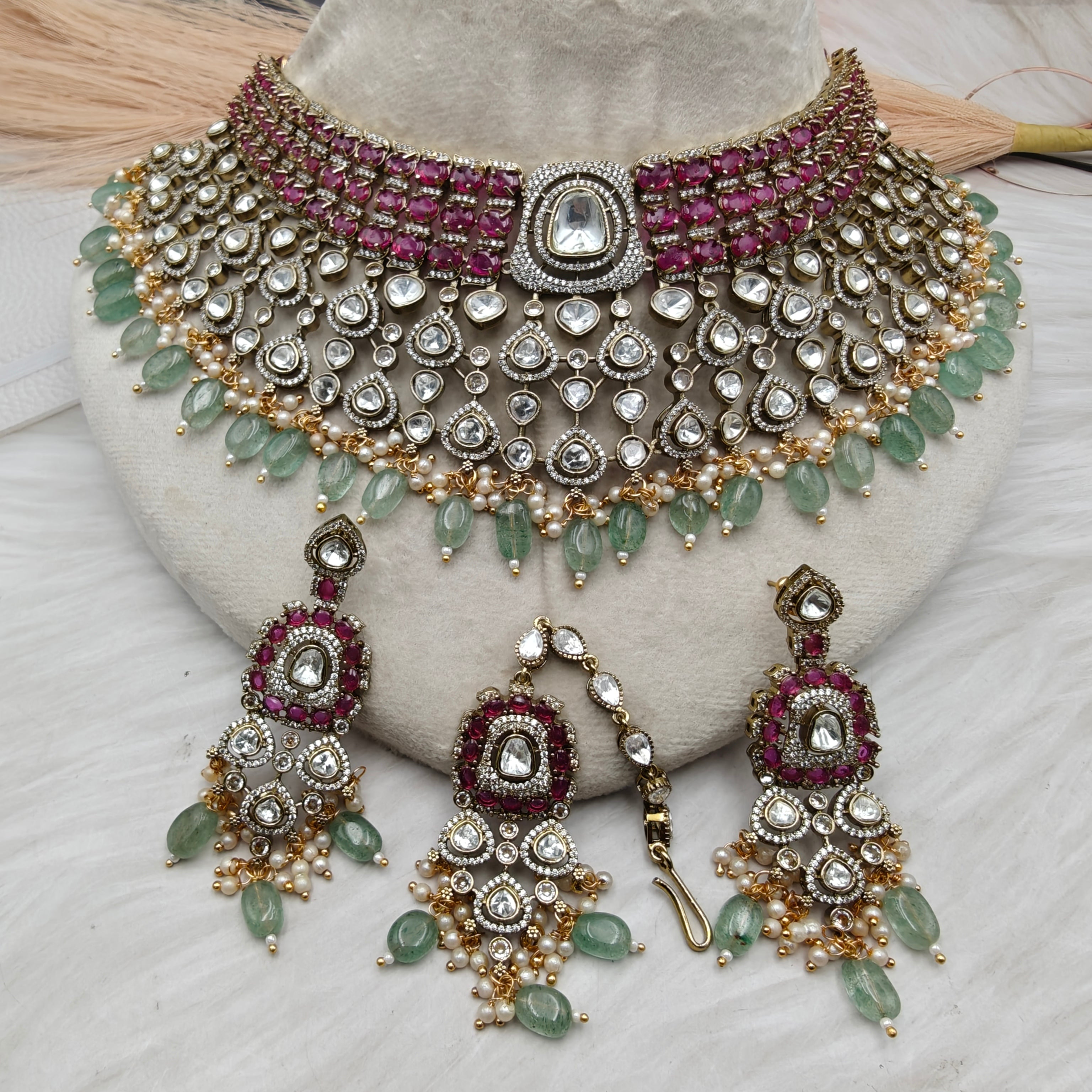 Suhasani Uncut Polki Pota Stone Necklace Set - Ruby n Mint