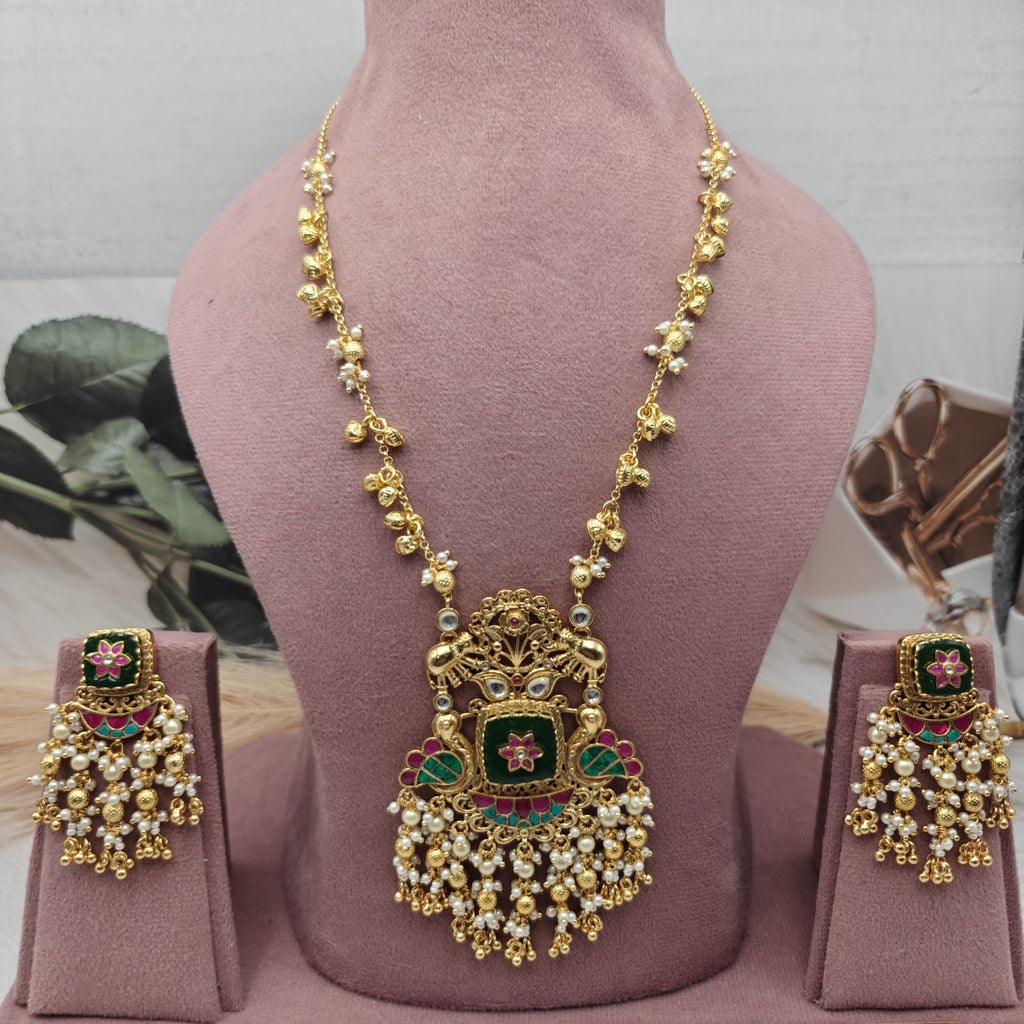 Pachi Kundan Surmayi Heritage Necklace Set - Green Ruby