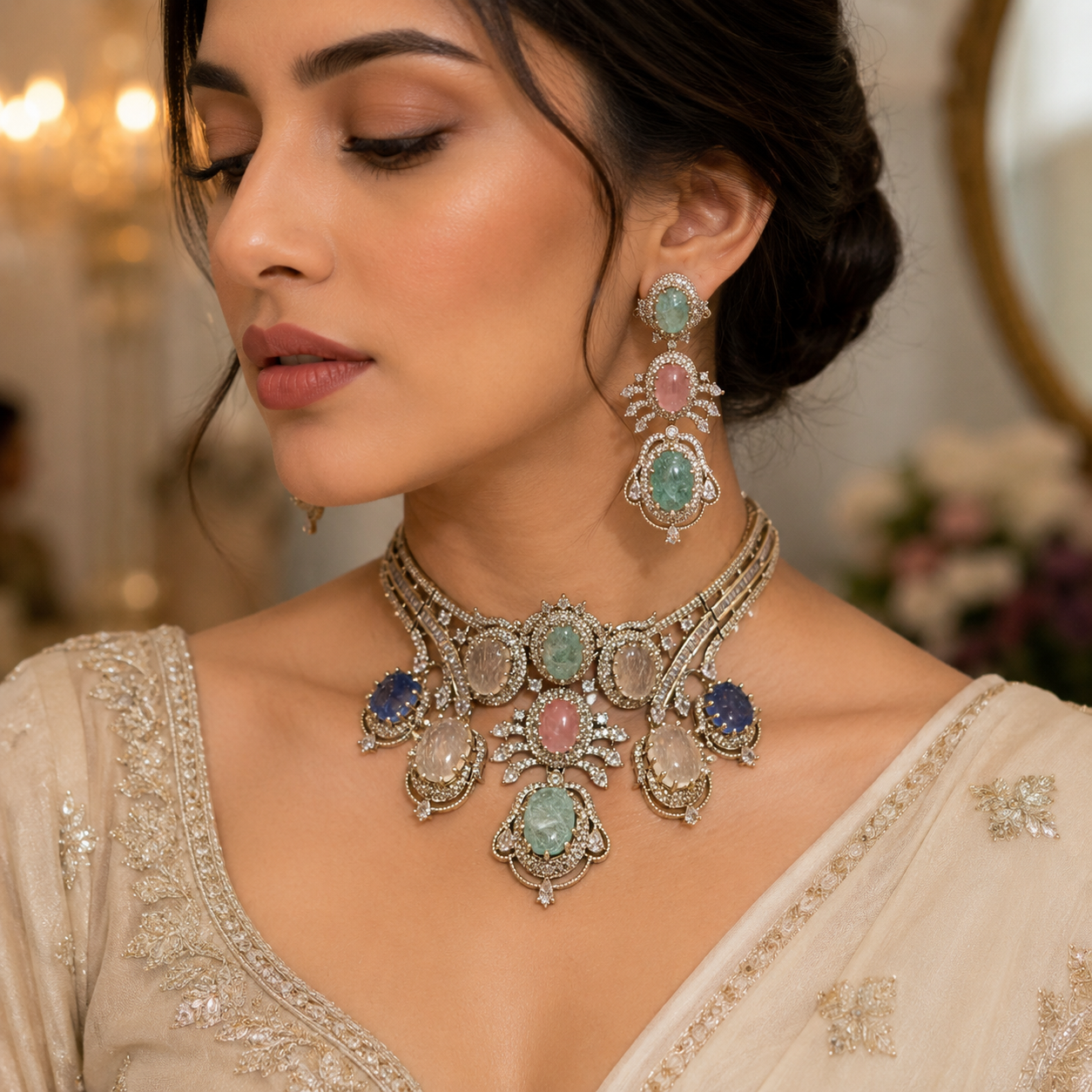 Alankrita Sabya Inspired Gemstone Statement Choker Necklace Set- Mint Multi