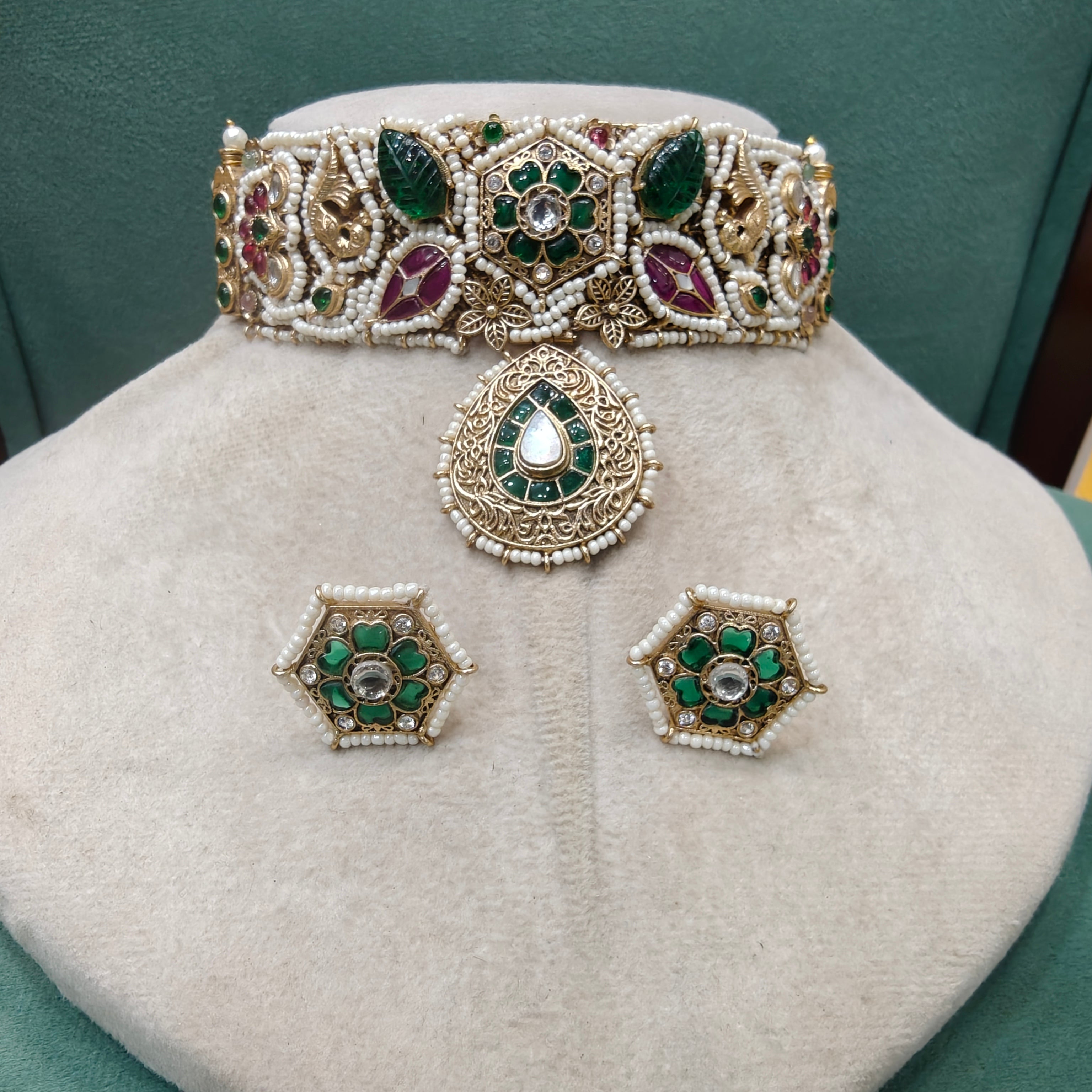 Rajwadi Handcrafted Natural Stone and Pearl Heritage Choker Set- Green Ruby
