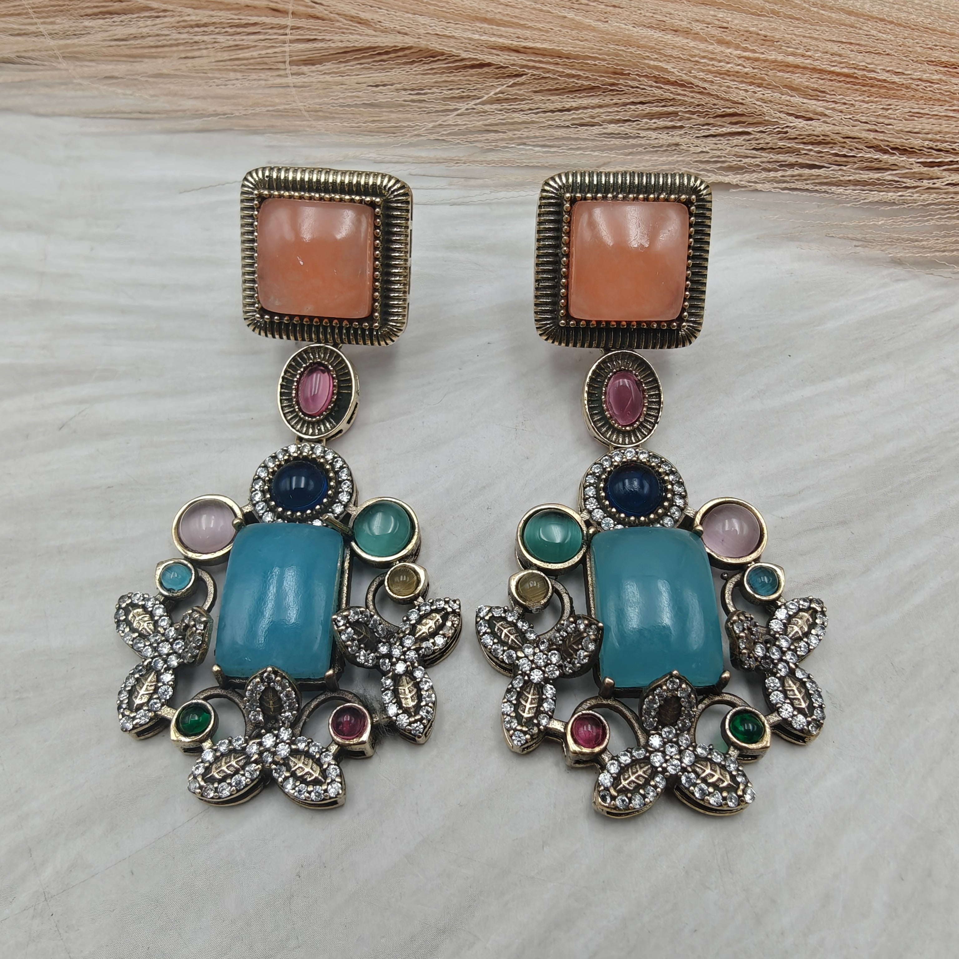 Mitali Sabya inspired Quartz Earrings- Peach and Sky Blue