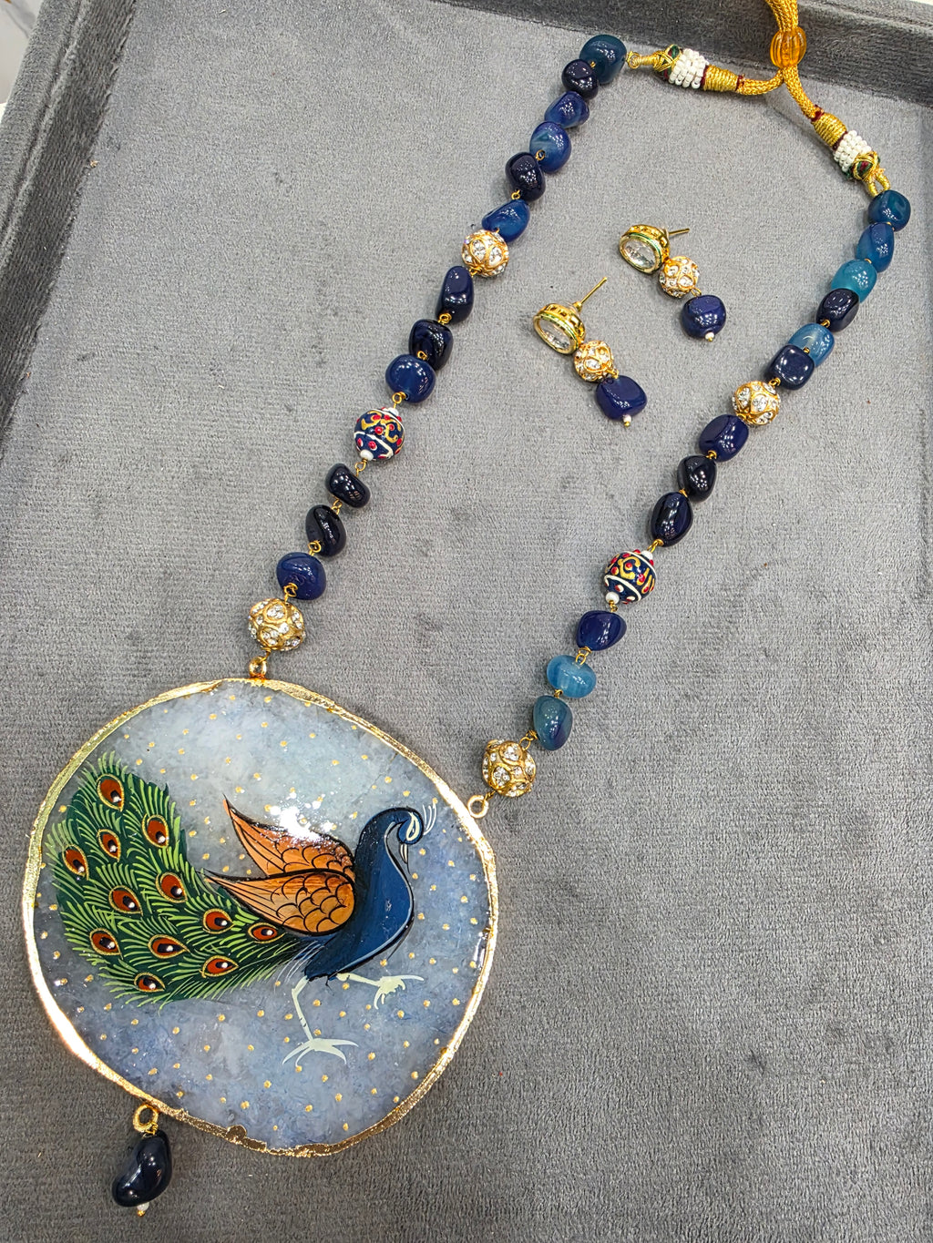 Peacock Tanjore Natural Stone Necklace Set - Peacock Blue