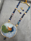 Peacock Tanjore Natural Stone Necklace Set - Peacock Blue