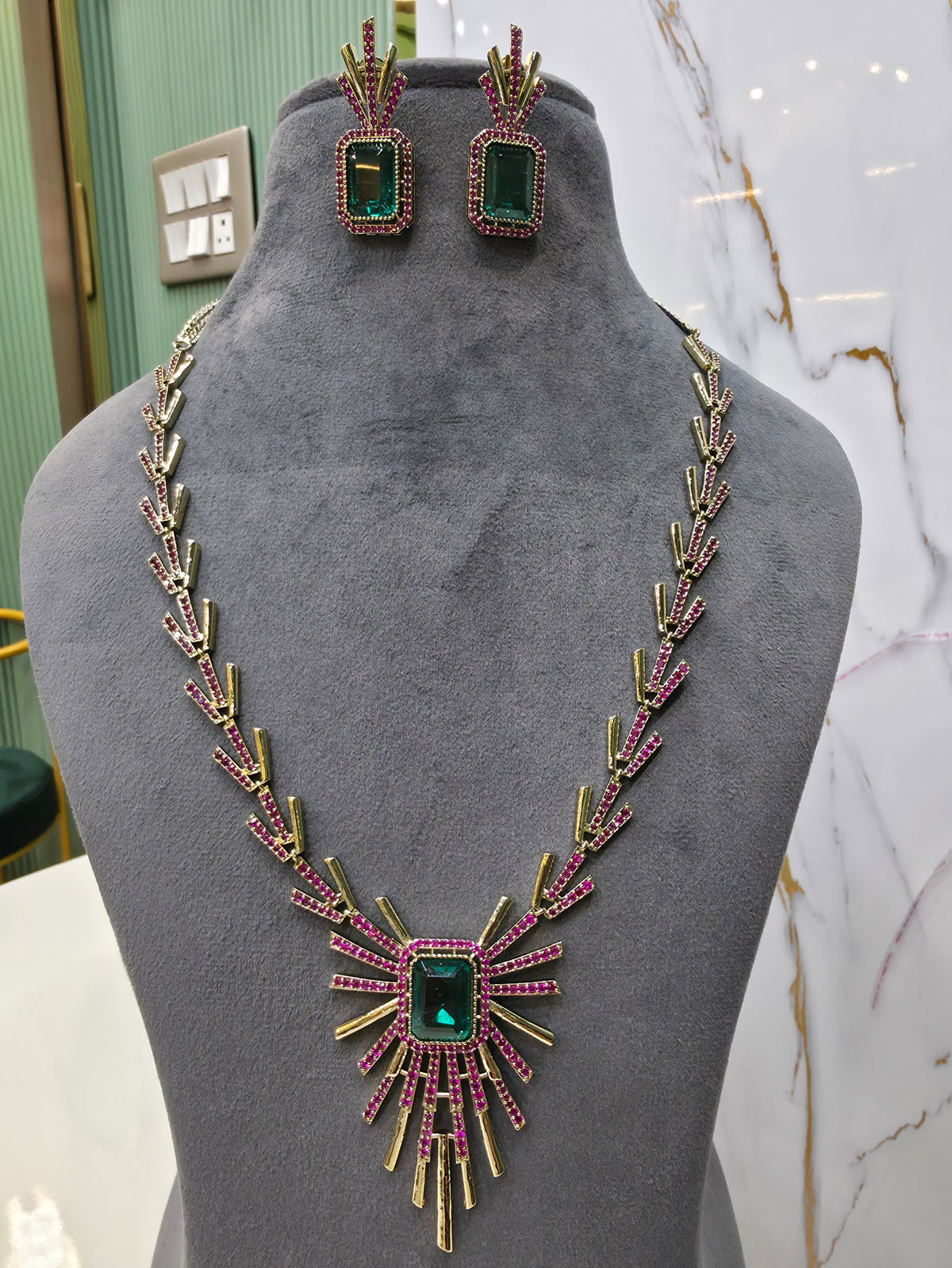 Sabya Inspired Namdini Palm Tree Victorian AD Long Necklace Set-  Ruby Emerald Green