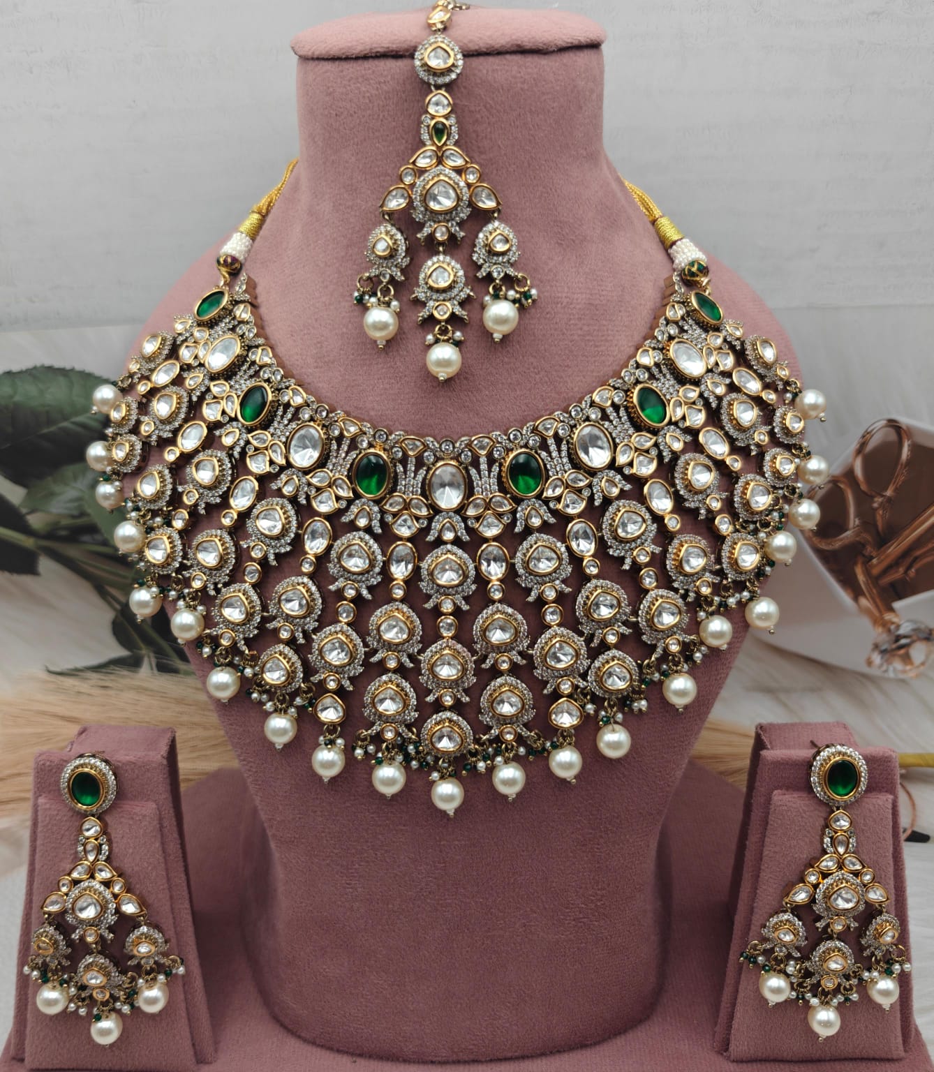 Hansika Uncut Moissanite Bridal Necklace Set with Mangtikka