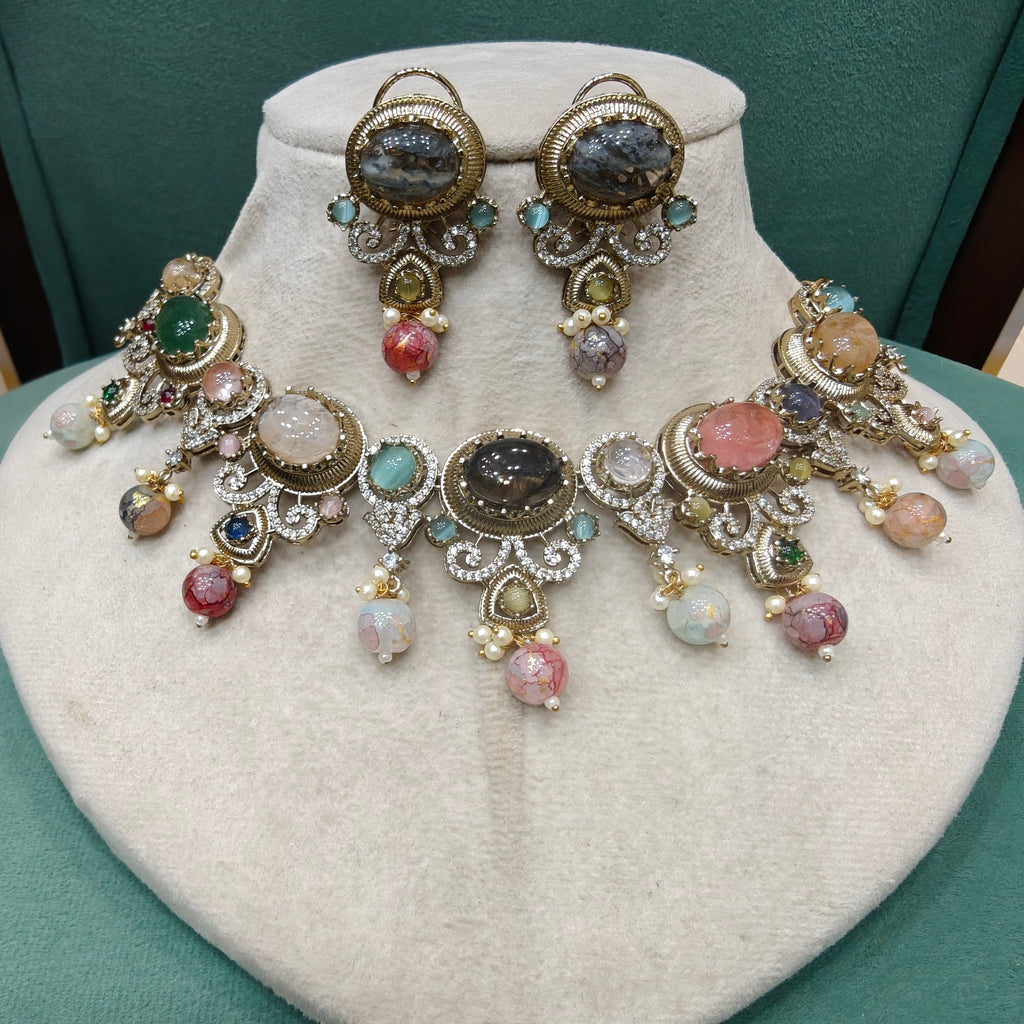 Reshma Sabya Inspired Gemstone Necklace Set- Black Multi