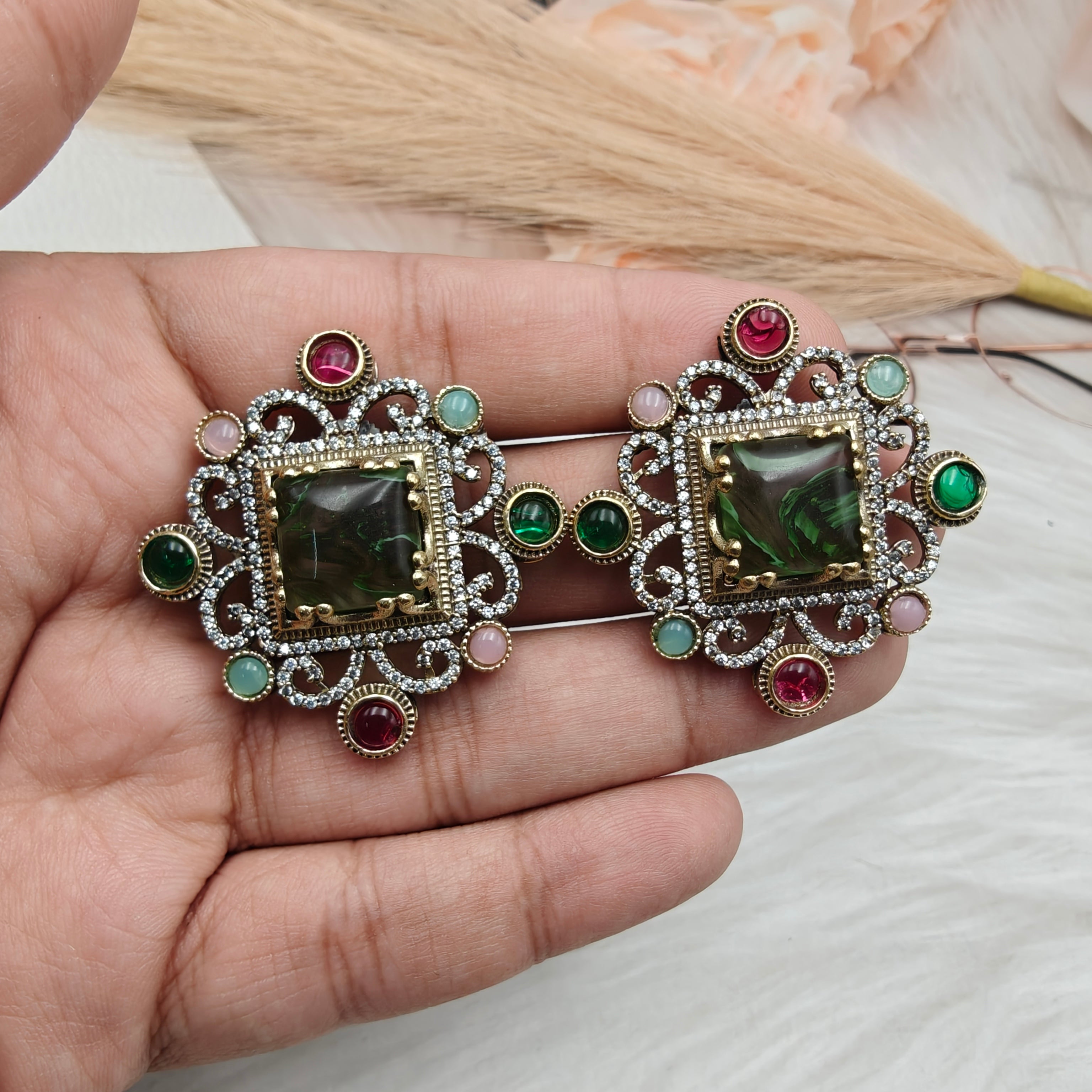 Sabyasachi Inspired Jhanvi Gemstone Studs- Peridot Quartz