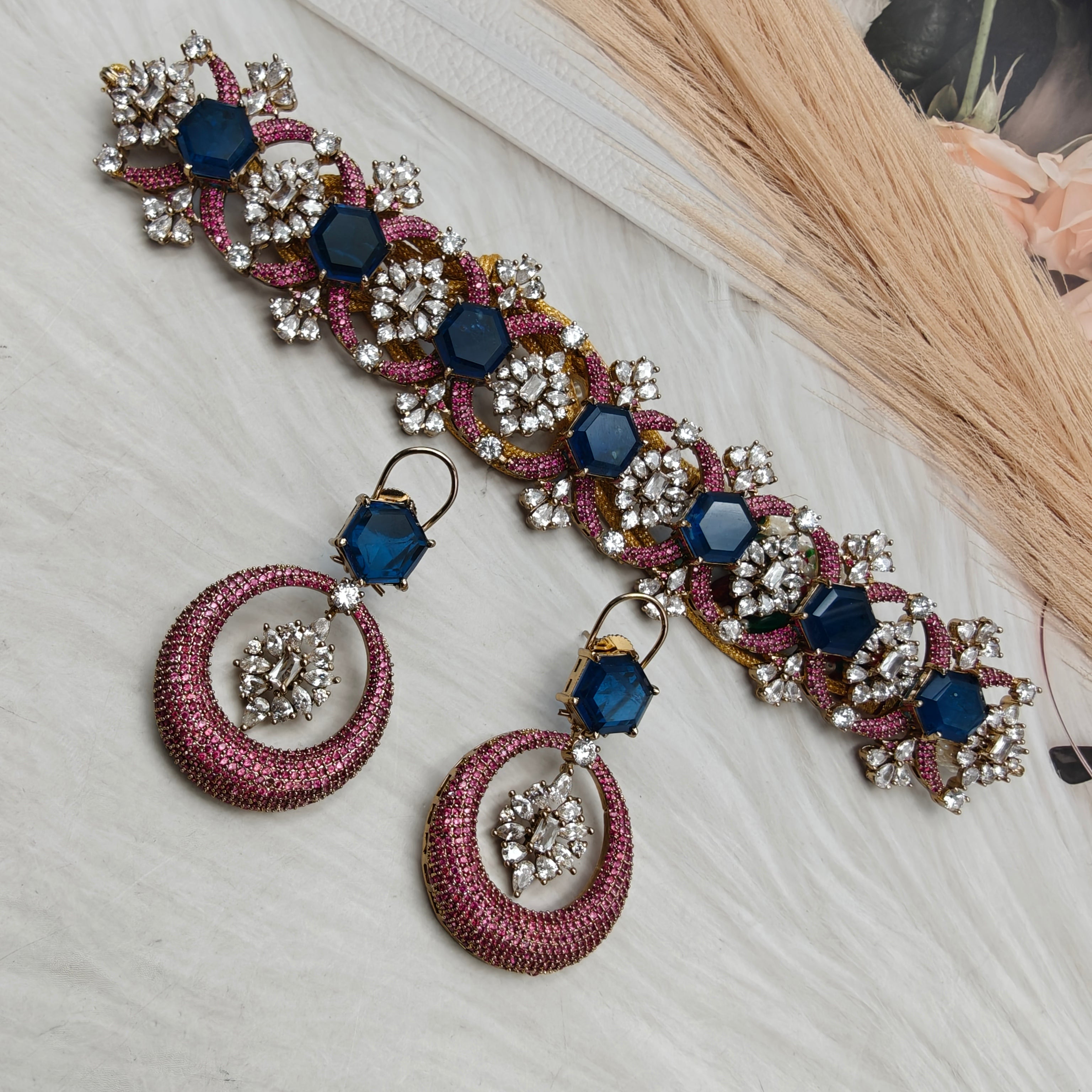 Farida Doublet CZ Statement Choker Set- Blue Ruby