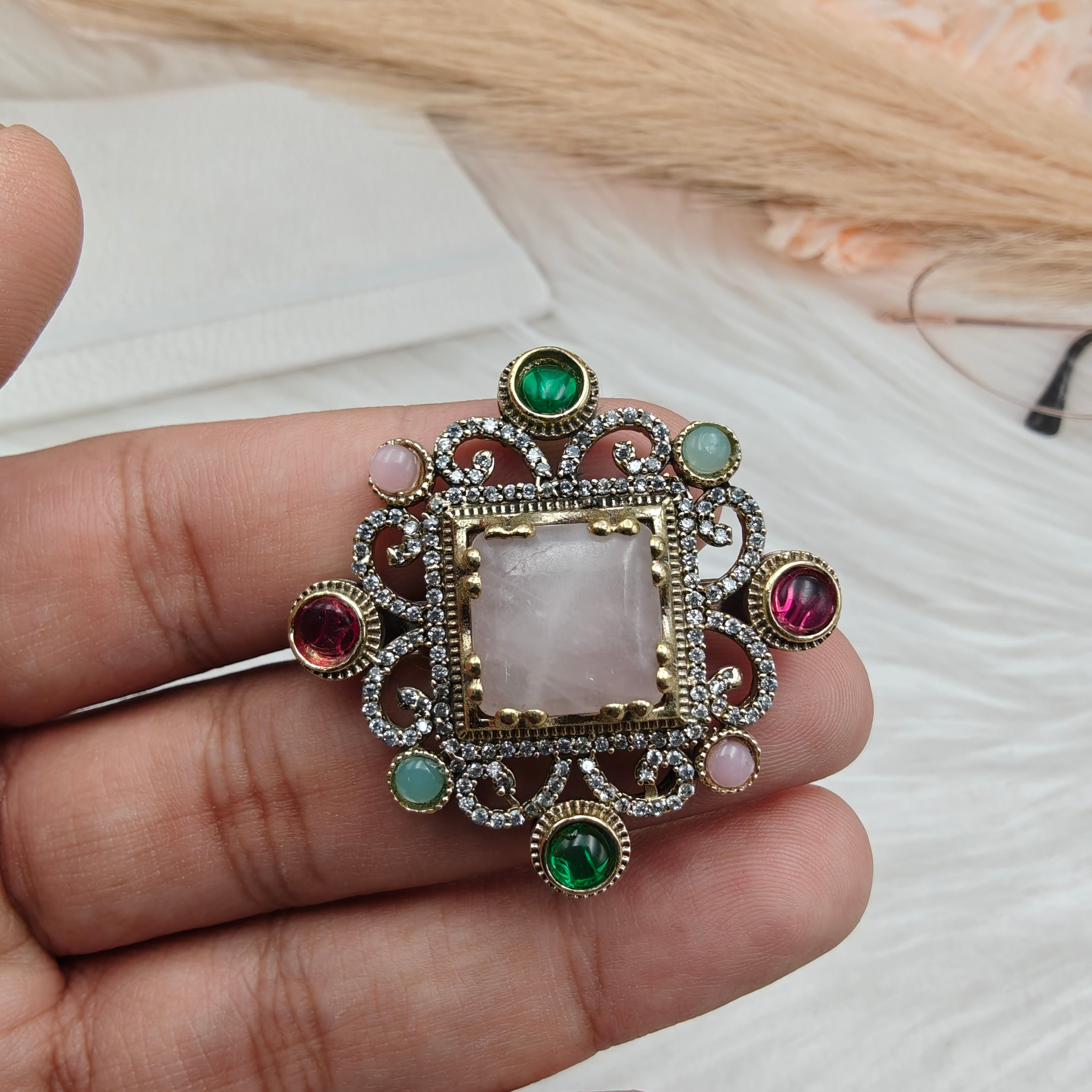 Sabyasachi Inspired Jhanvi Gemstone Adjustable Ring- Rose Quartz