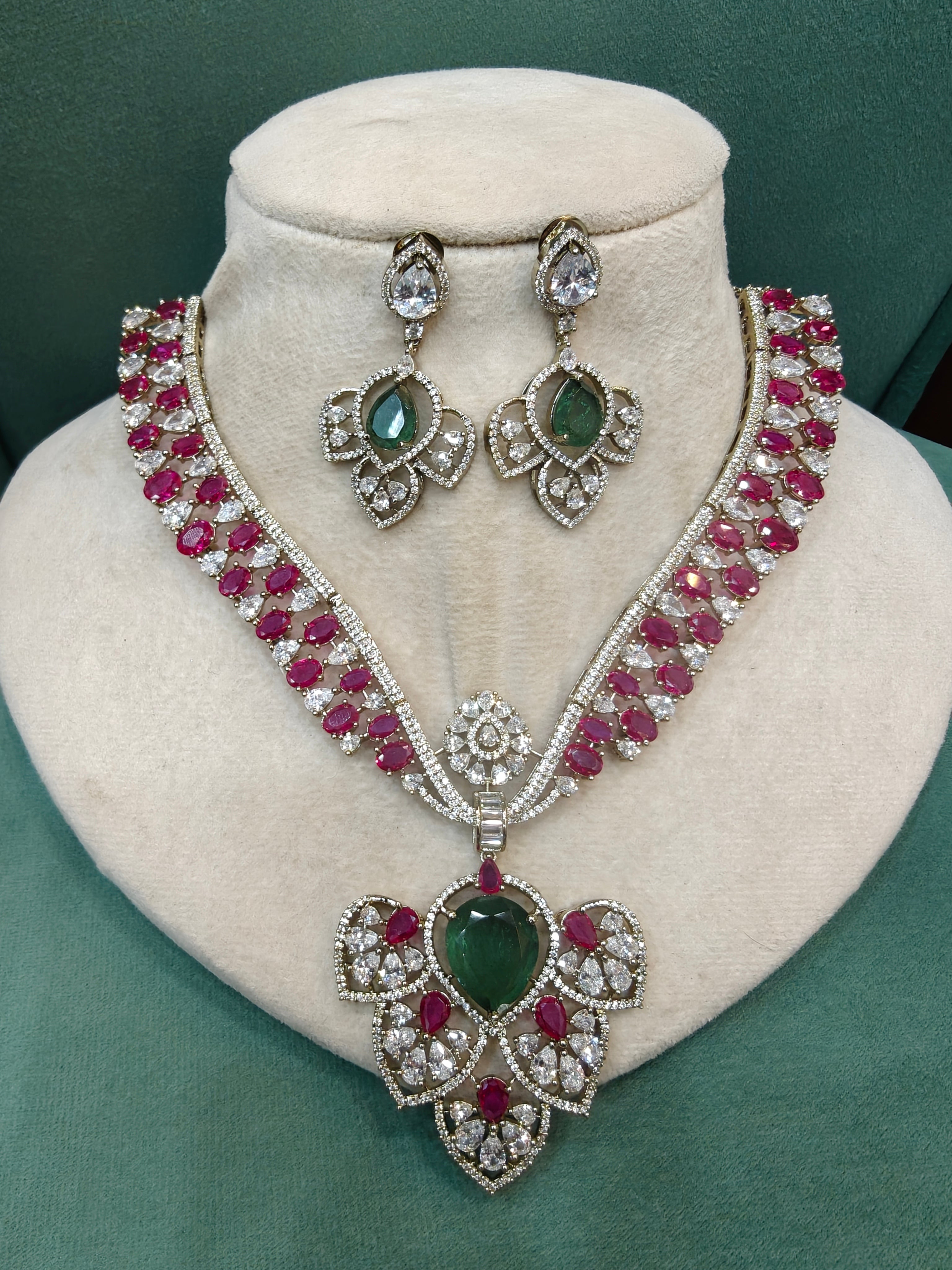 Mehfooz Doublet Designer Necklace Set- Ruby and Mint