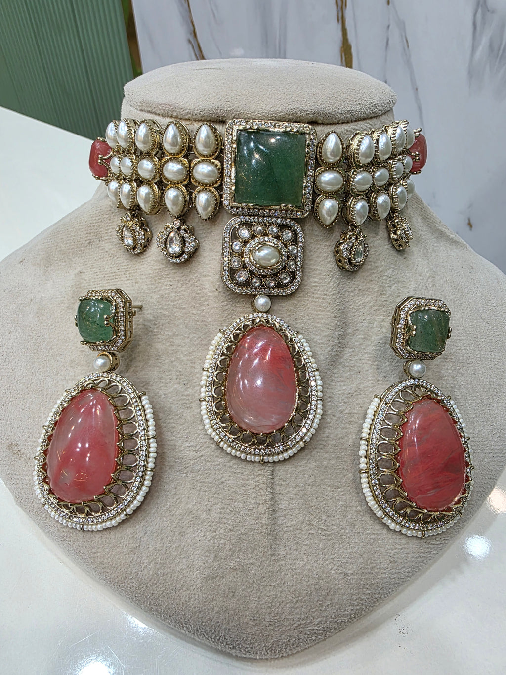 Alokika Sabya Inspired Pearl and Natural Stone Necklace Set