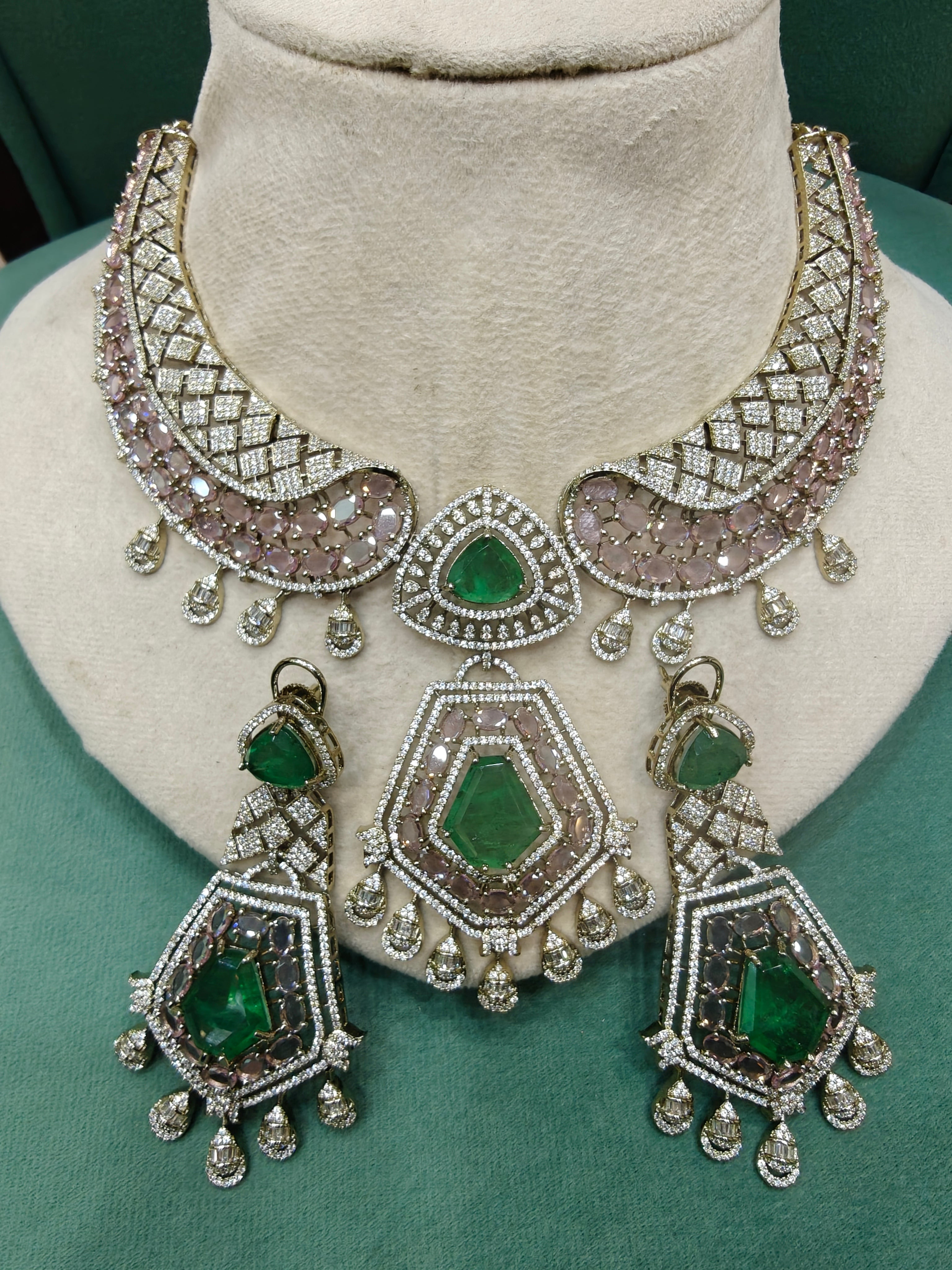 Kashish Doublet CZ Statement Designer Necklace Set- Soft Pink and Green