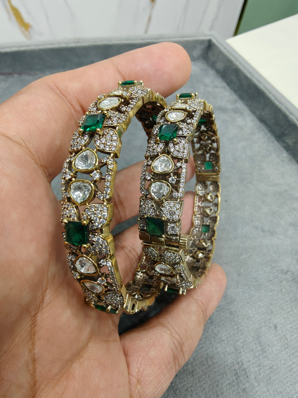 Jasvika Polki Victorian Openable Bangles- Green