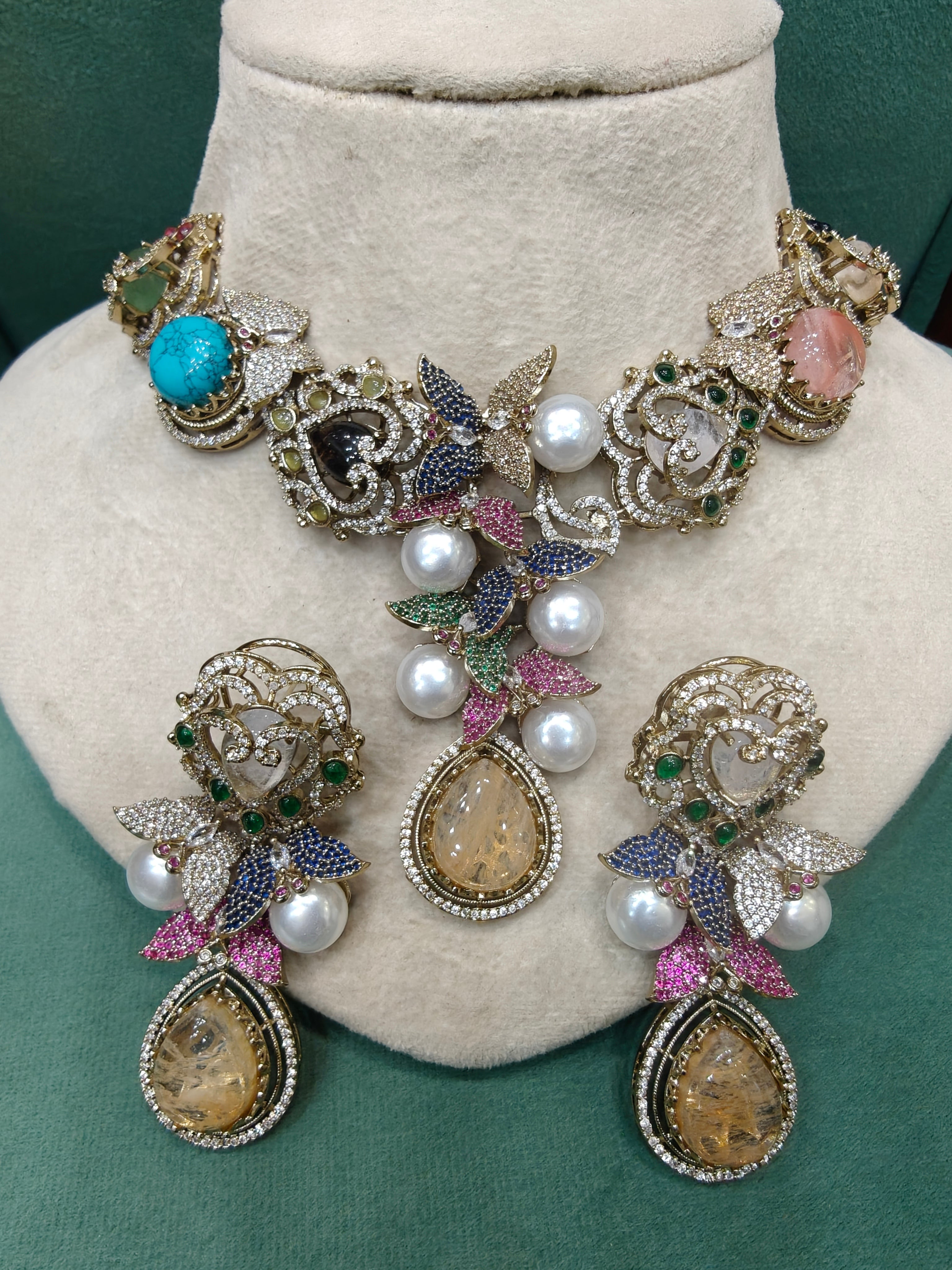 Genelia Sabya Inspired Premium Gemstone and Pearls Statement Necklace Set-Fawn Yellow Multi