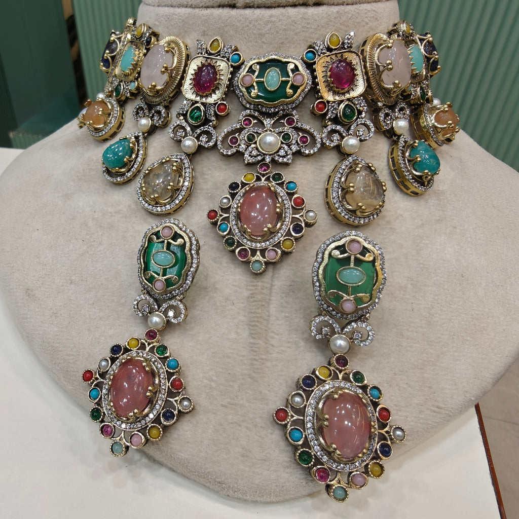 Rangbarat Sabya inspired Multi Gemstone Necklace Set- Coral Green Multi