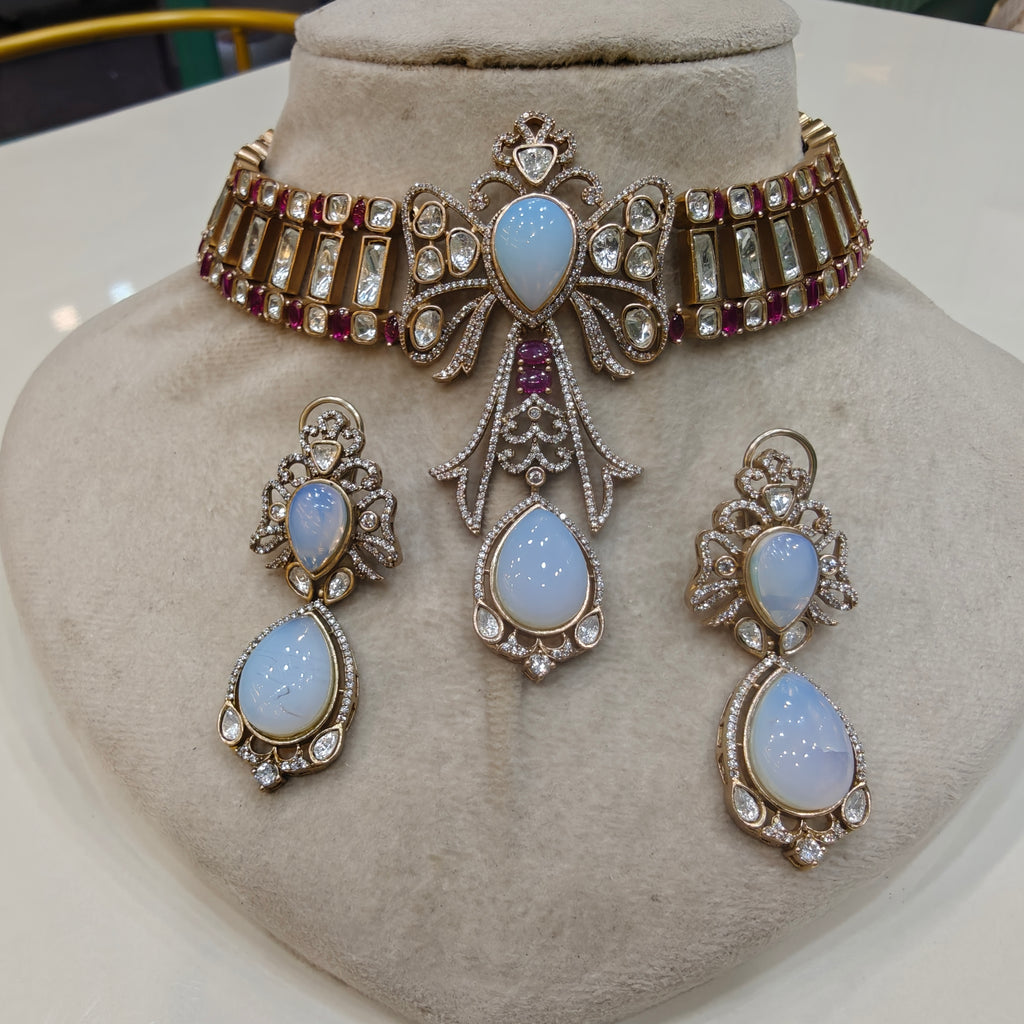 Mirza Opal and Moissanite Choker Set- White Ruby