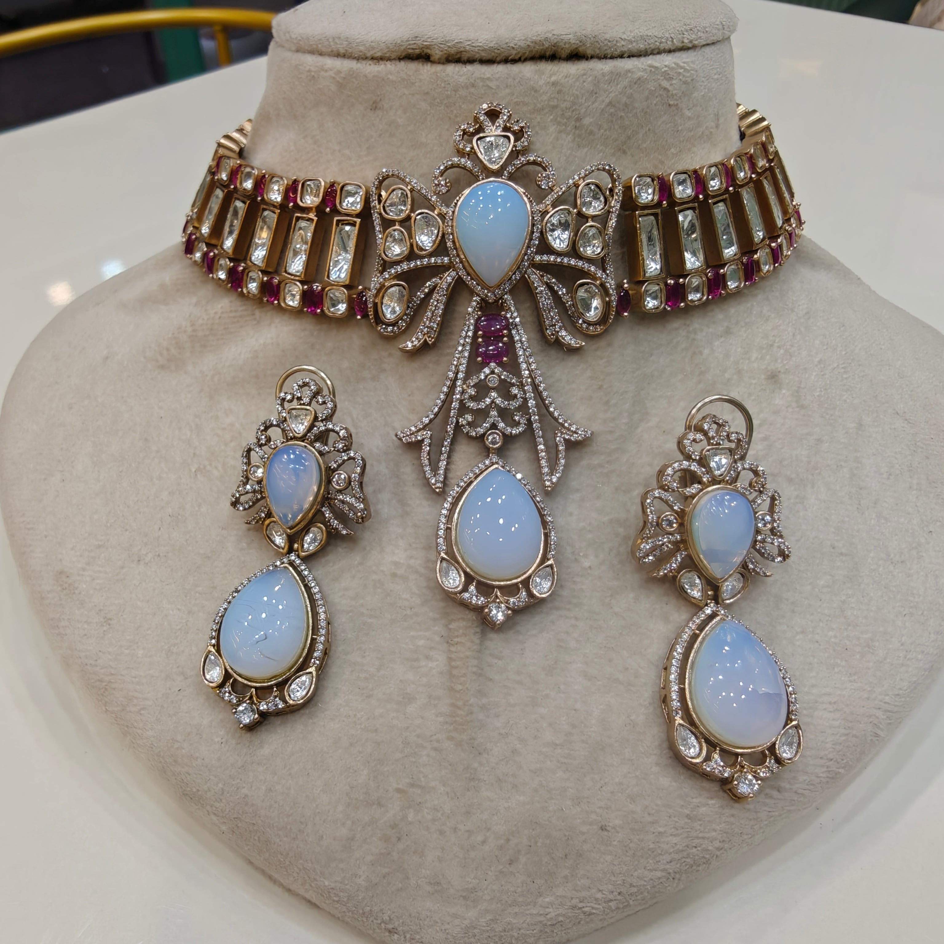 Mirza Opal and Moissanite Choker Set- White Ruby