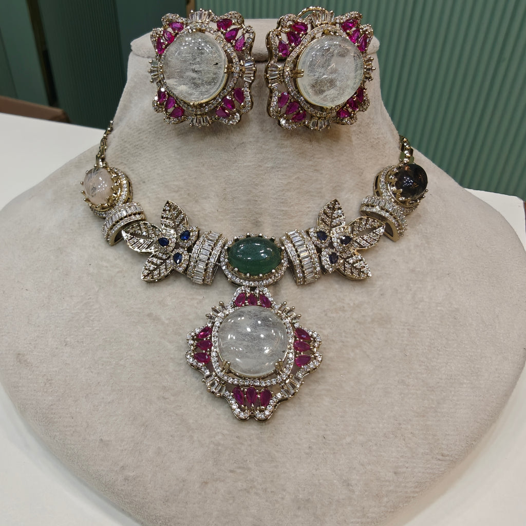 Noorvani Gemstone Sabya inspired Choker Necklace Set- White Multi