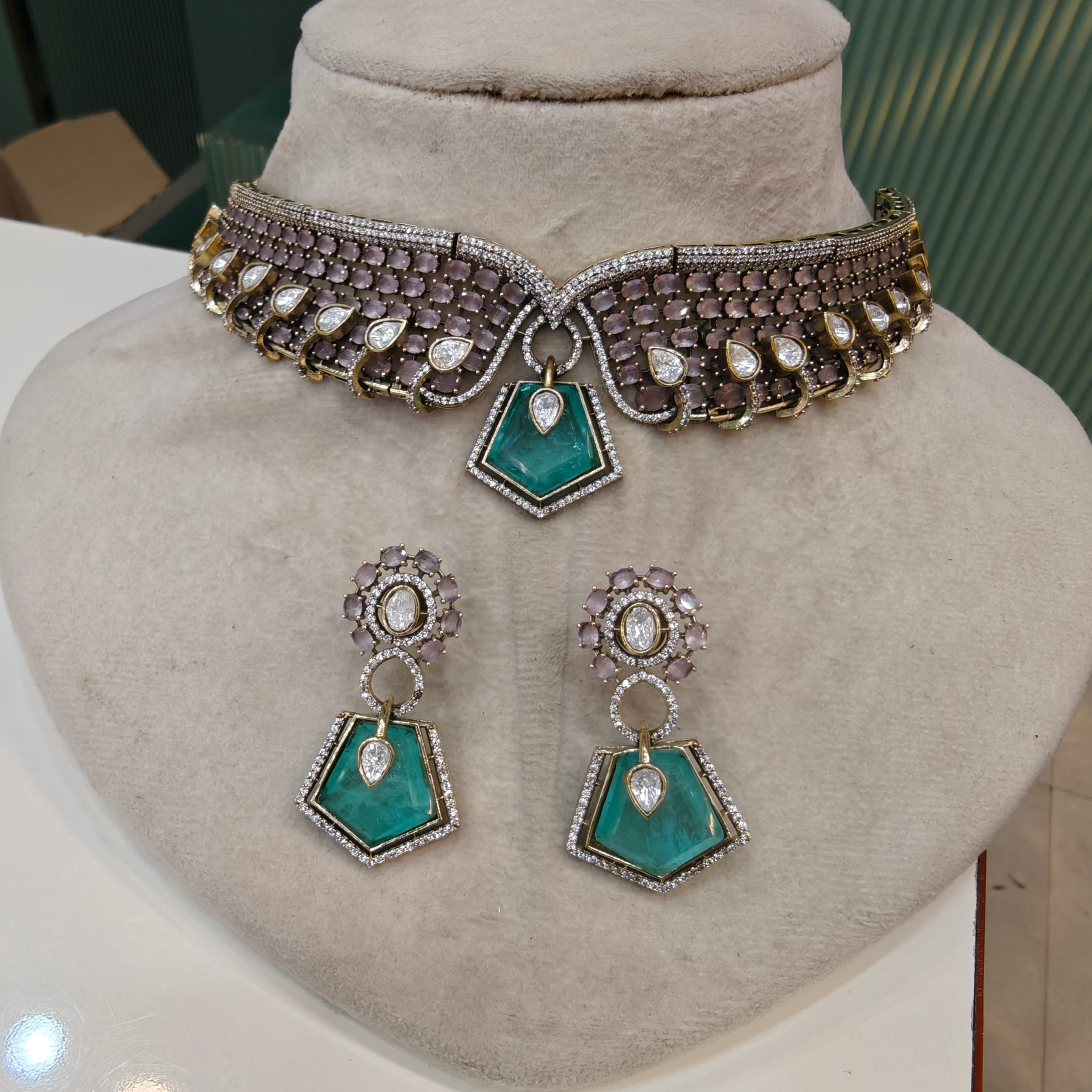 Estella Doublet Collar Necklace Set- Pink and Aqua Green