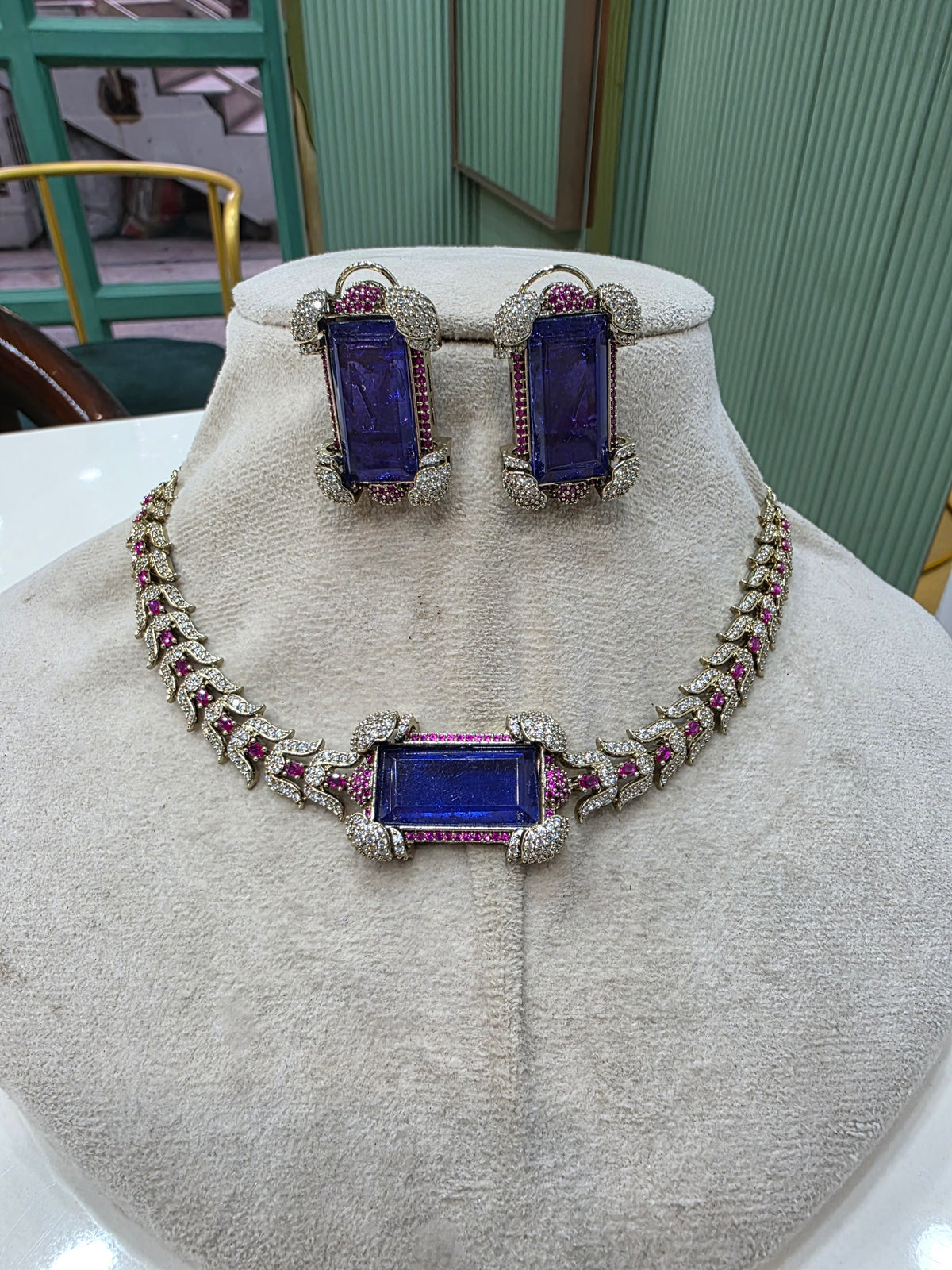 Akriti Doublet Sleek Statement Choker Set- Blue Ruby Pink