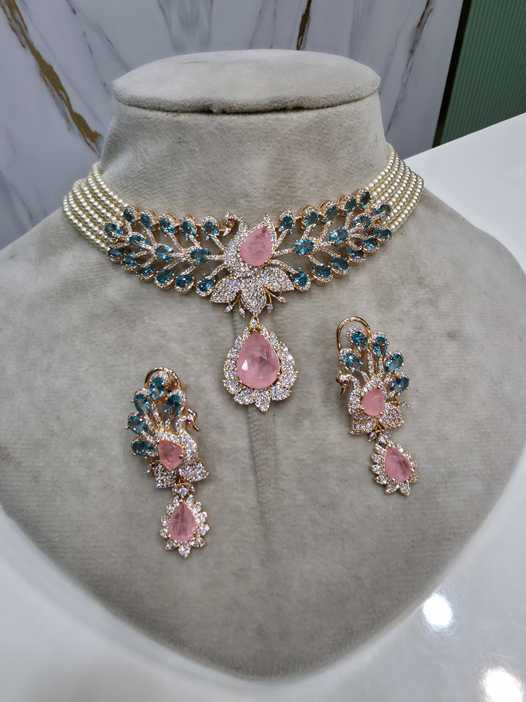 Mayura Hazoori Inspired Doublet and Pearl Choker Necklace Set- Teal Pink